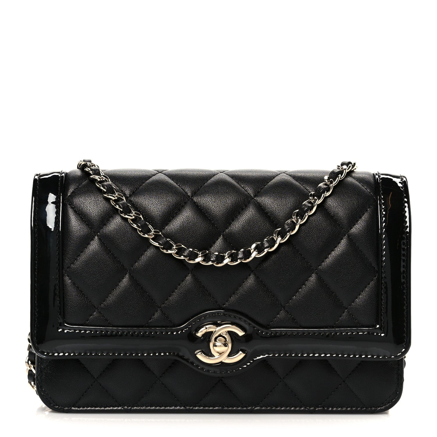 Lambskin Patent Calfskin Quilted Hold The Line CC Wallet On Chain WOC Black