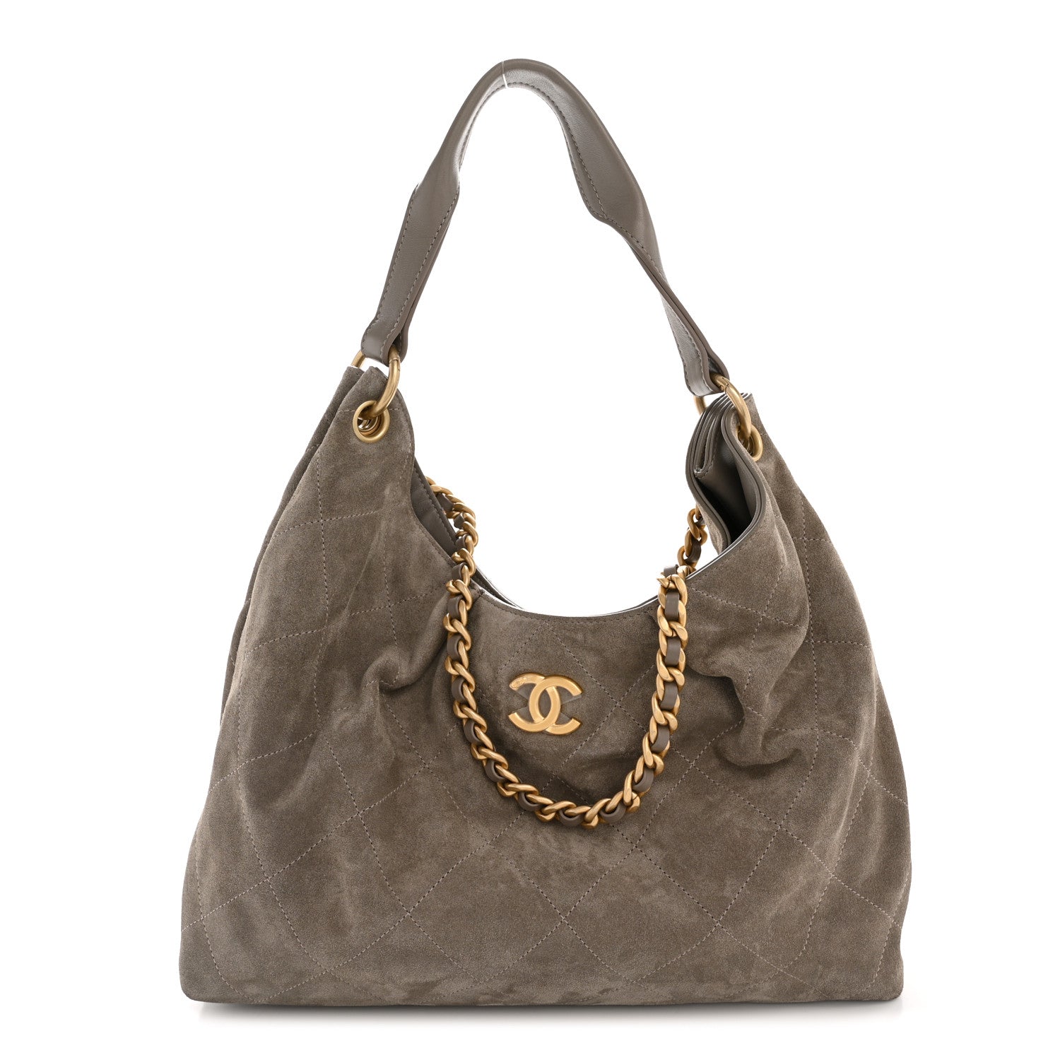 Suede Calfskin Lambskin Quilted Maxi Hobo Grey
