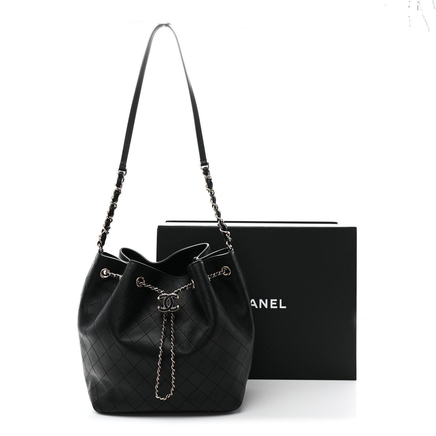 Calfskin Stitched Drawstring Bag Black