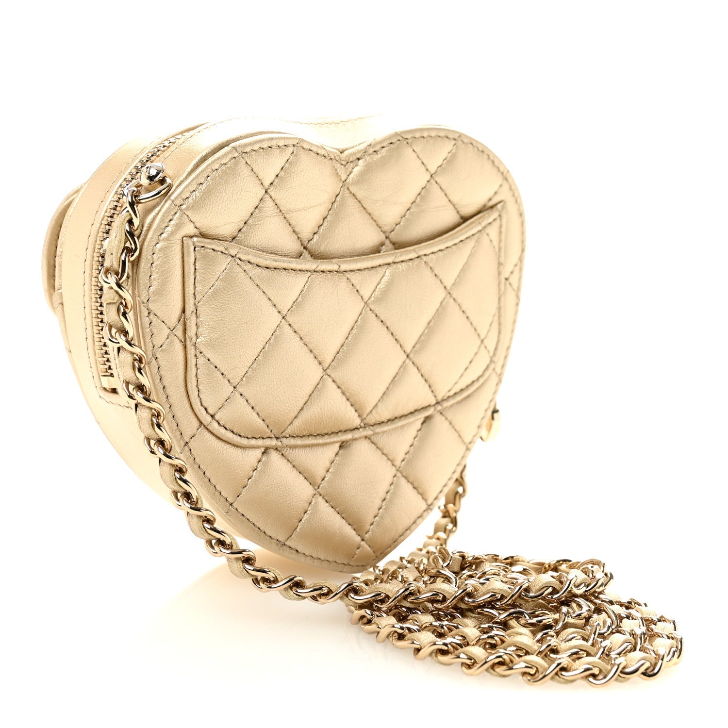 Metallic Lambskin Quilted CC In Love Heart Clutch With Chain Gold