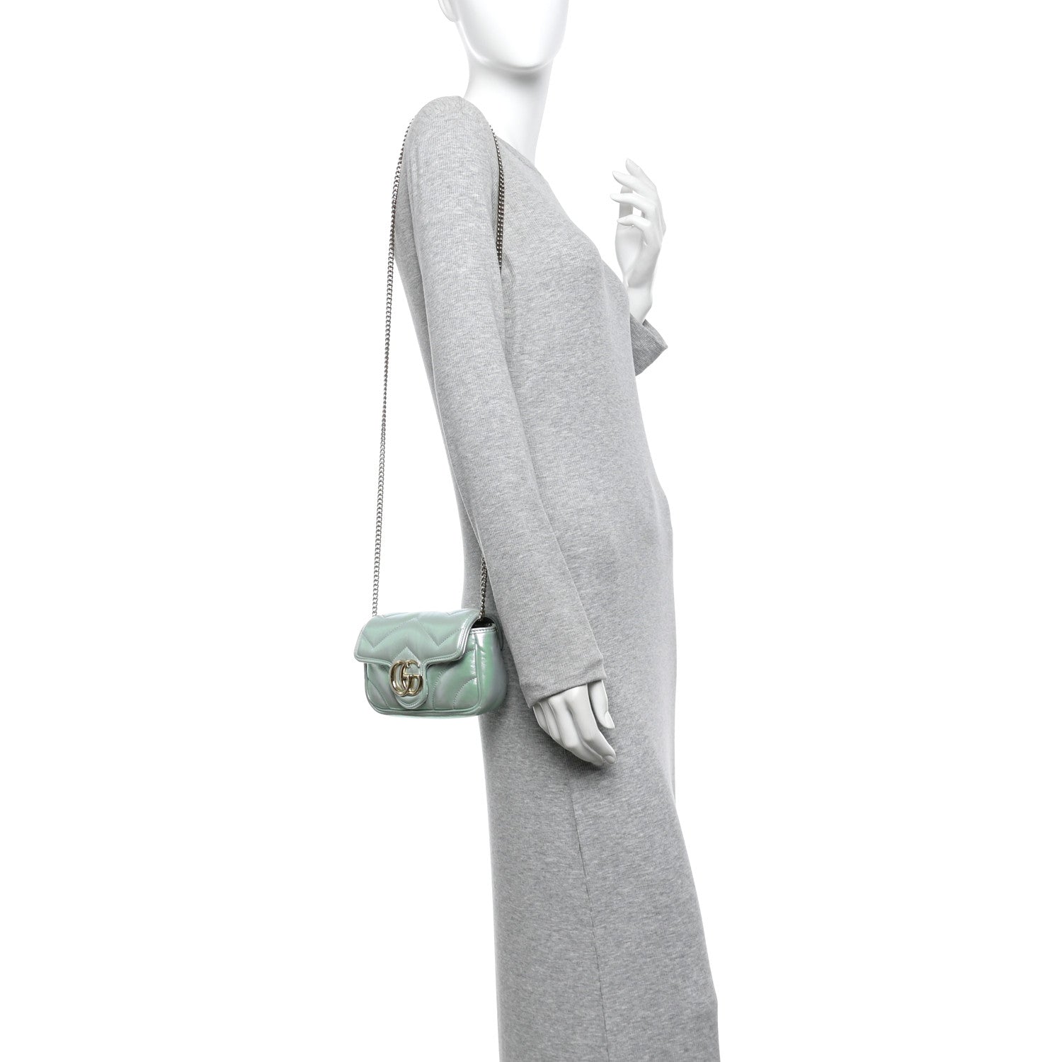 Iridescent Nappa Chevron Matelasse Super Mini GG Marmont Shoulder Bag Iridescent Snow Light Blue