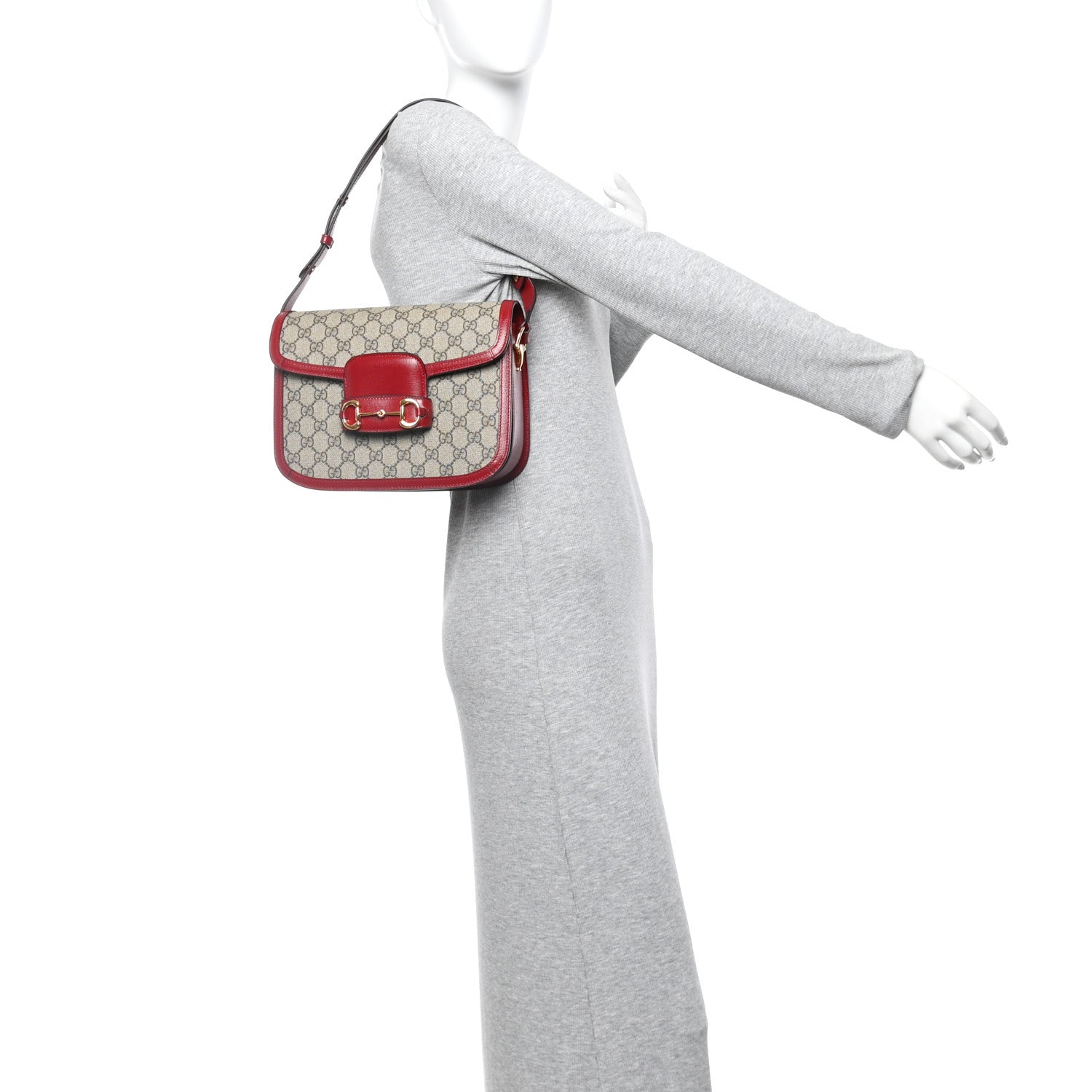 GG Supreme Monogram Azalea Calfskin Horsebit 1955 Shoulder Bag Beige Ebony New Cherry Red
