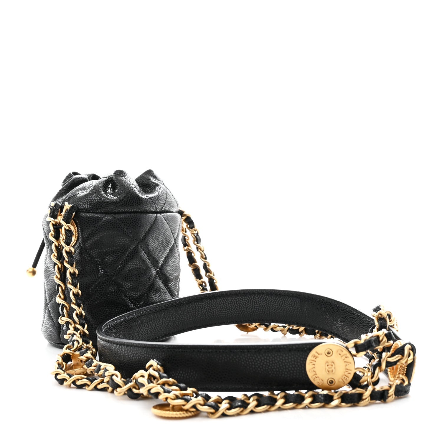 Caviar Quilted Twist Your Buttons Micro Bucket Bag Black