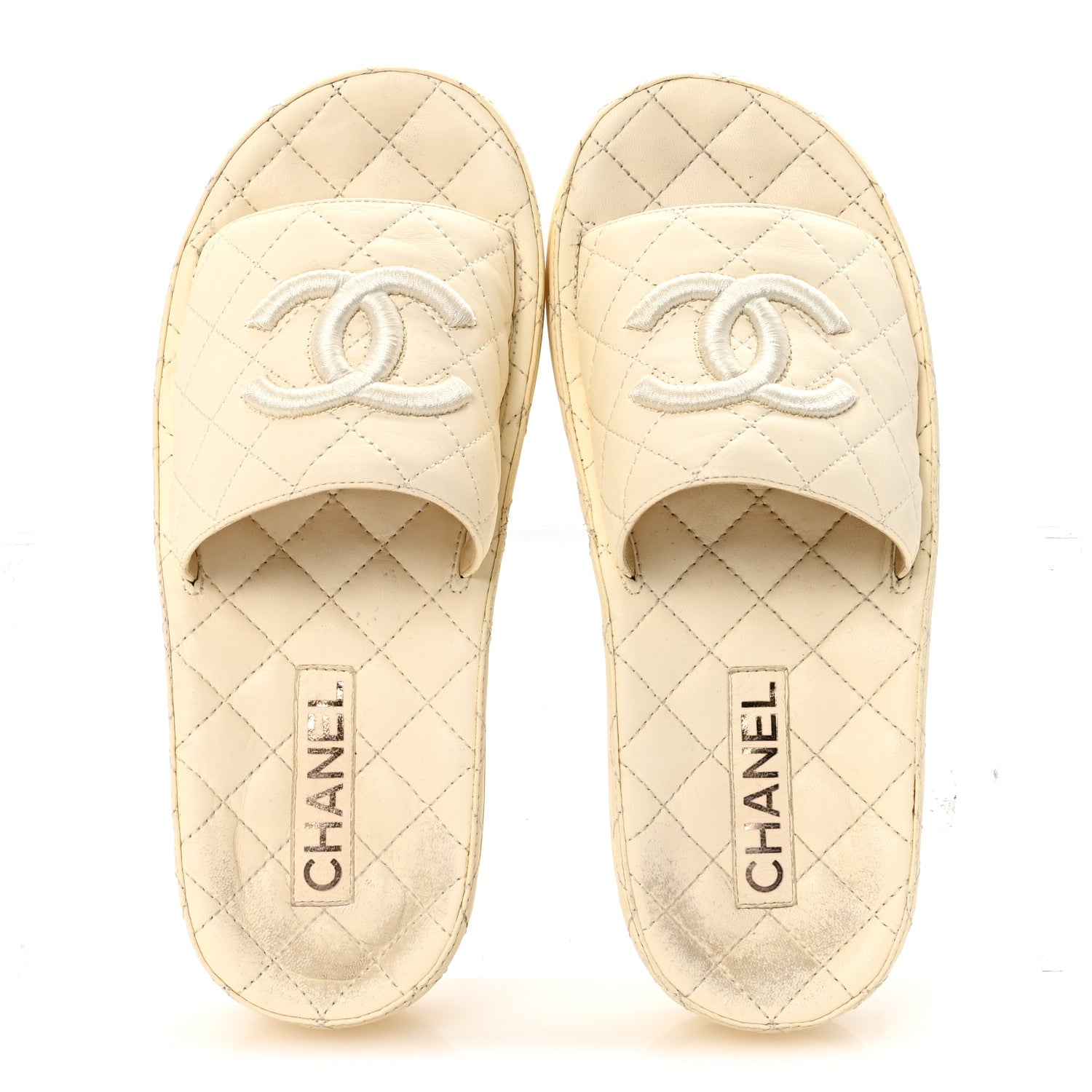 Lambskin Quilted CC Mules Sandals 38 Ivory