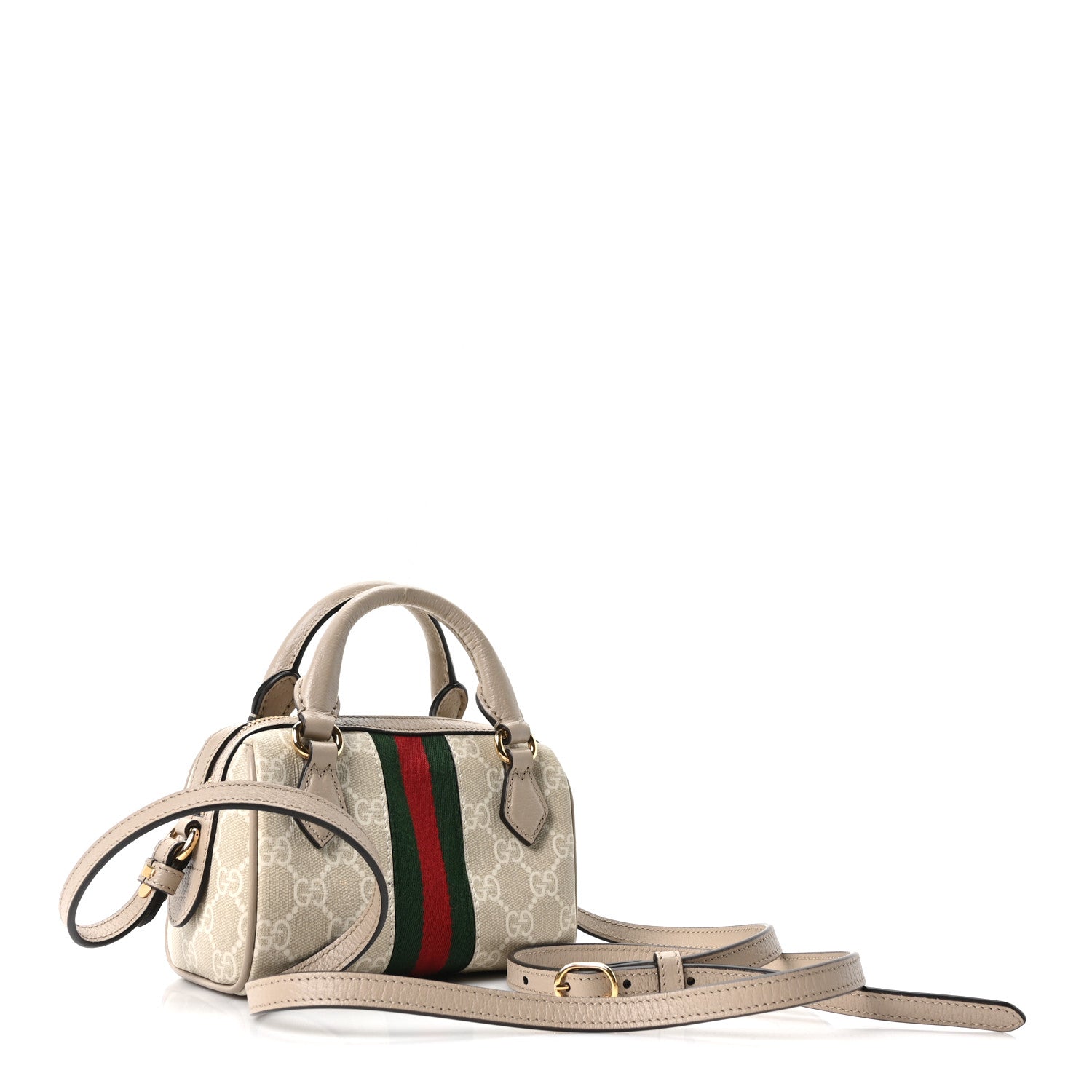 GG Supreme Monogram Textured Dollar Calfskin Web Super Mini Ophidia Top Handle Bowler Bag Beige Mystic White Oatmeal