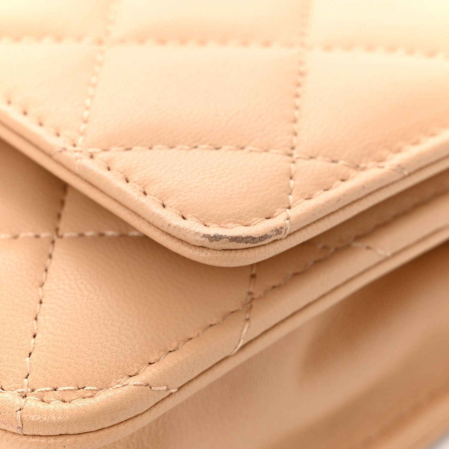 Lambskin Quilted CC Pearl Crush Wallet on Chain WOC Beige