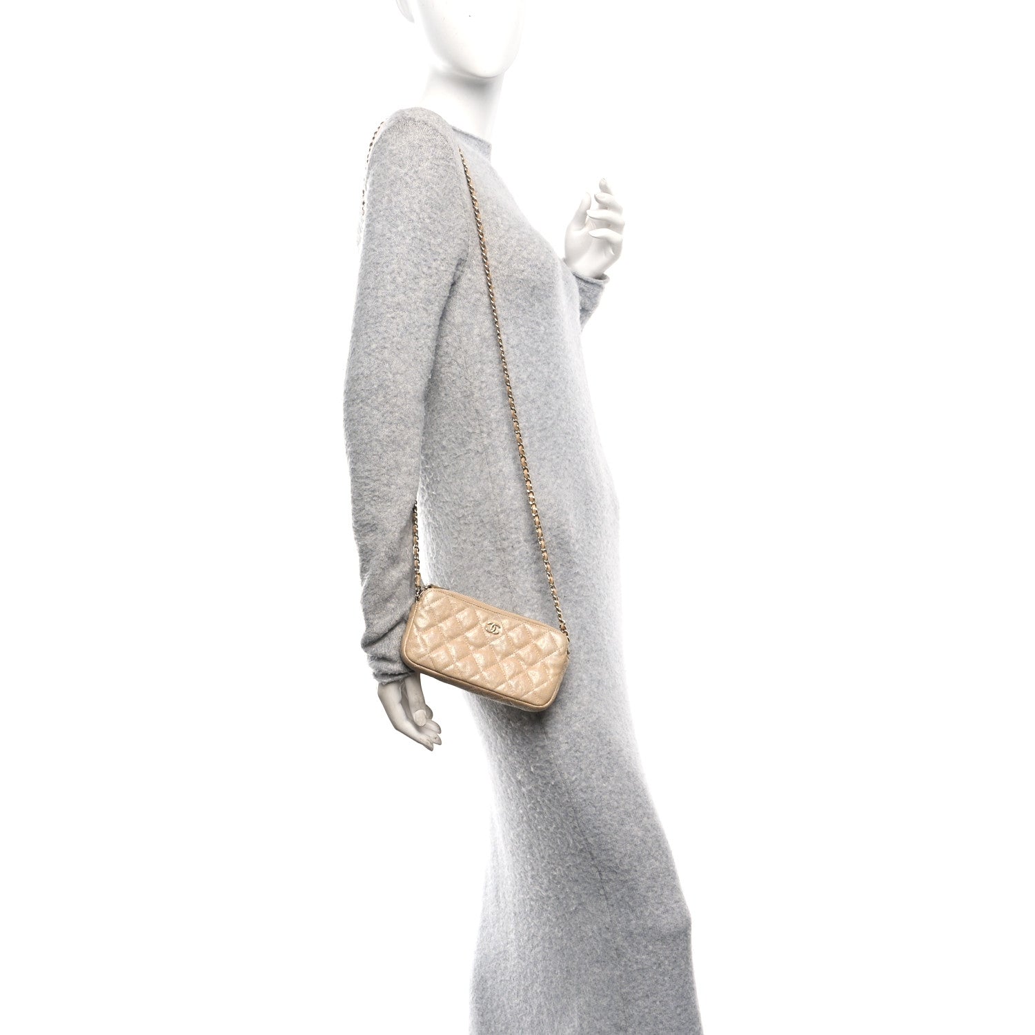 Metallic Caviar Quilted Small Clutch With Chain Gold