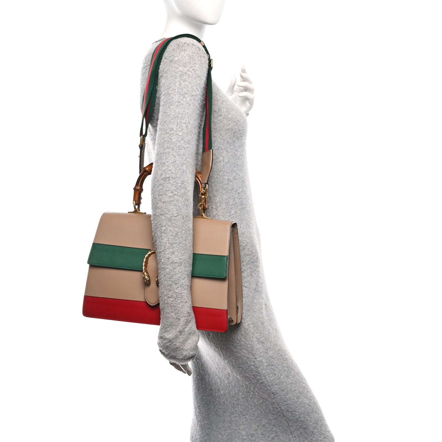 Moon Calfskin Web Large Dionysus Bamboo Top Handle Bag Camelia Bright Evergreen Hibiscus Red