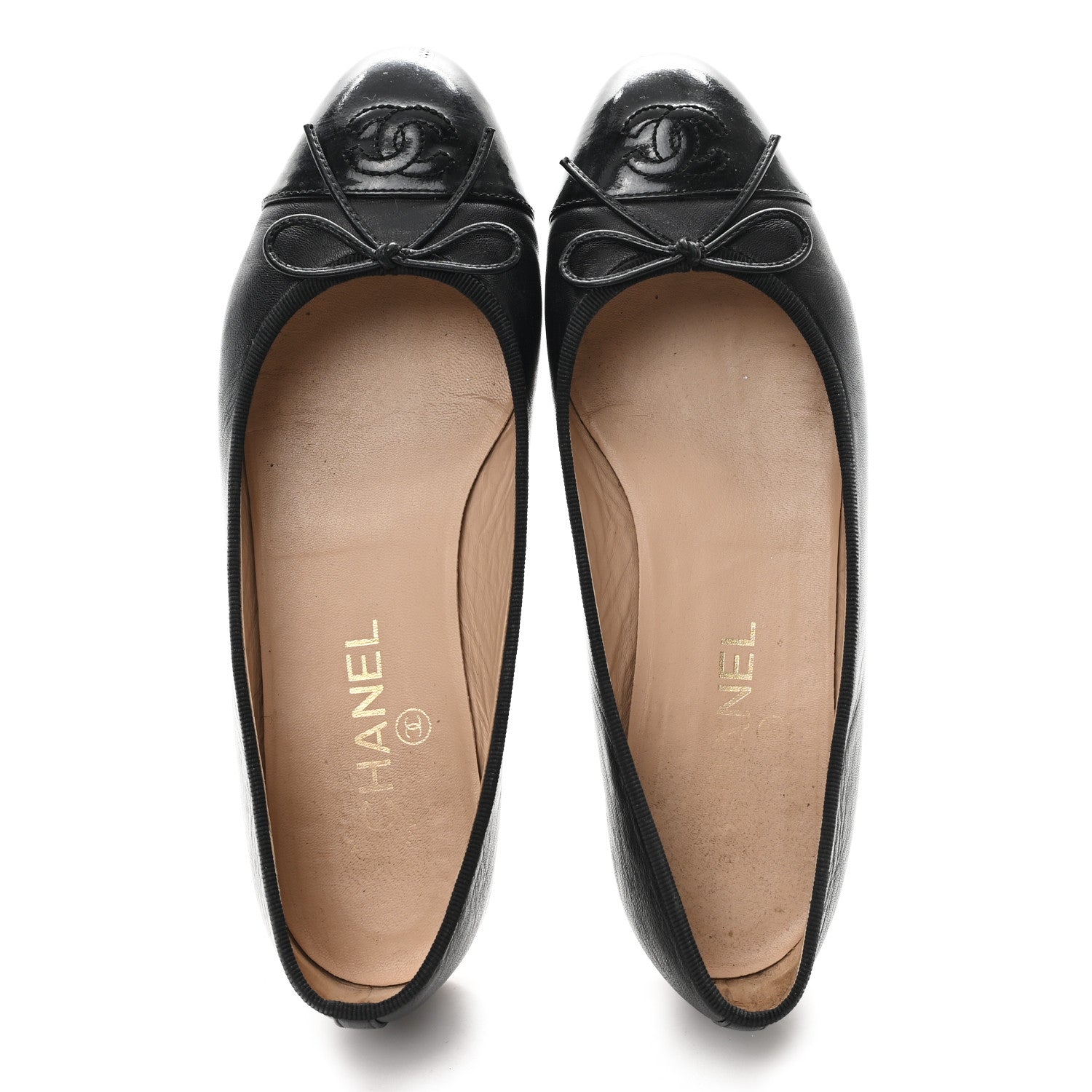 Lambskin Patent Cap Toe Ballerina Flats 38 Black
