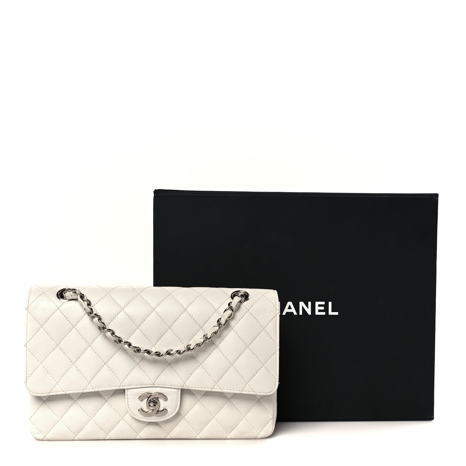 Caviar Quilted Medium Double Flap White