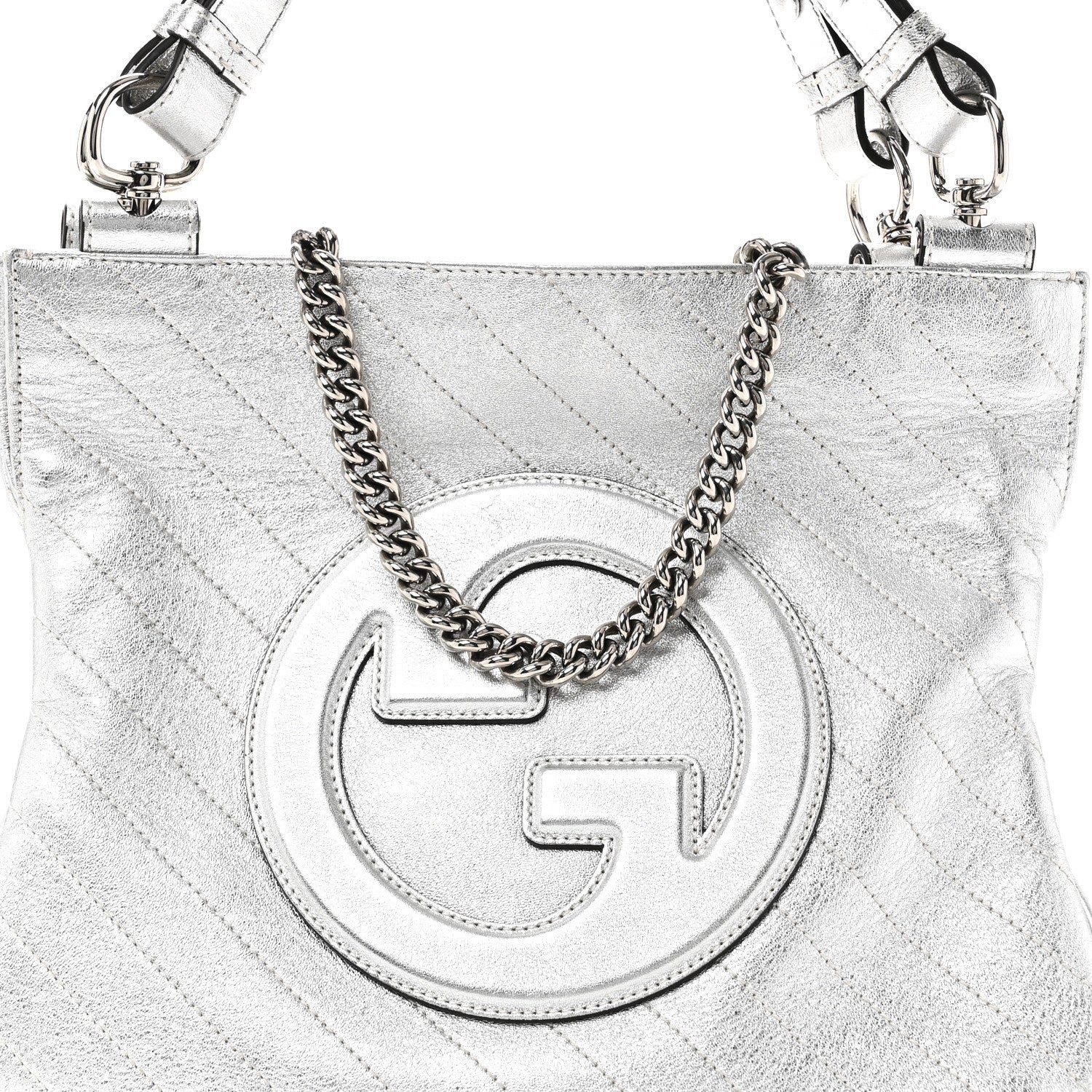 Sakai Be Green Calfskin Diagonal Stitched Small Blondie Tote Silver