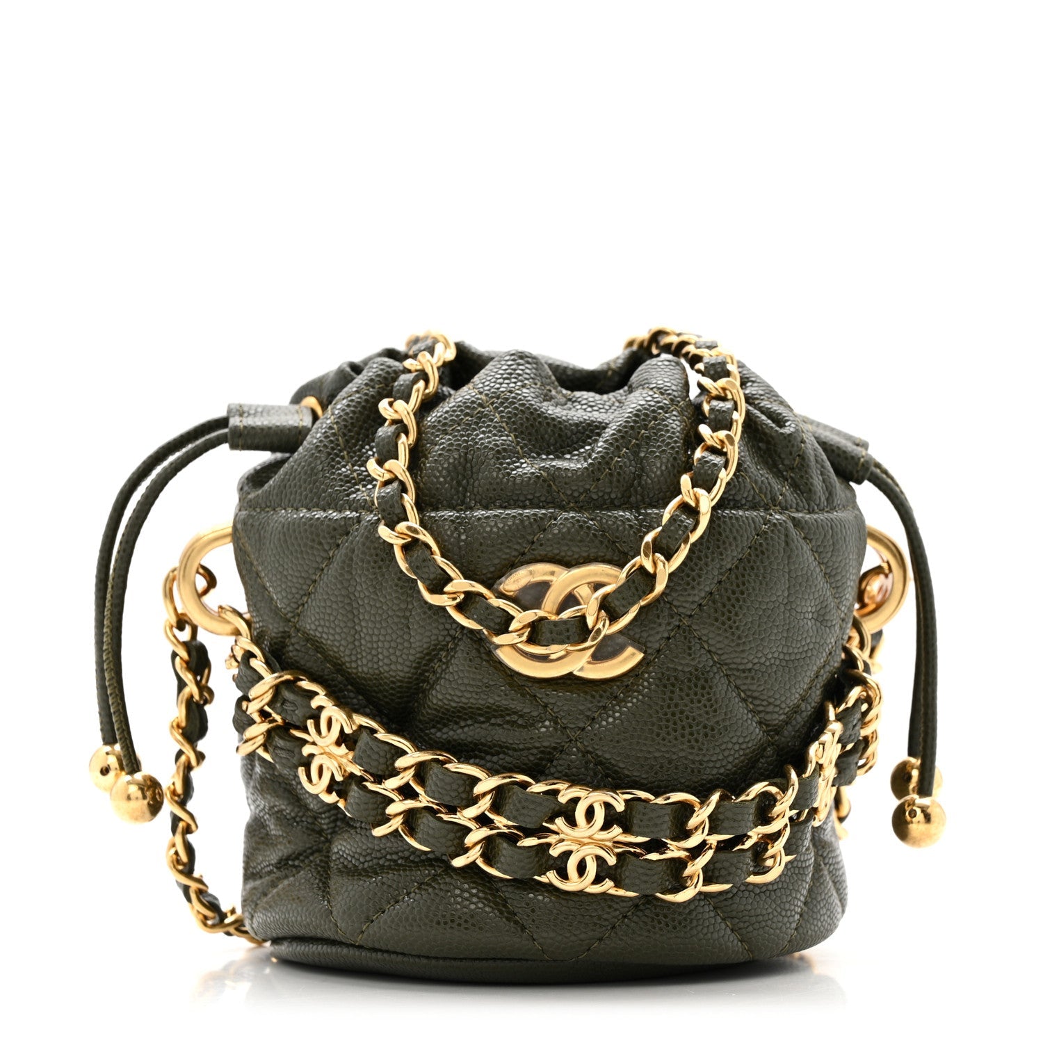 Caviar Quilted Coco First Bucket Clutch With Chain Khaki