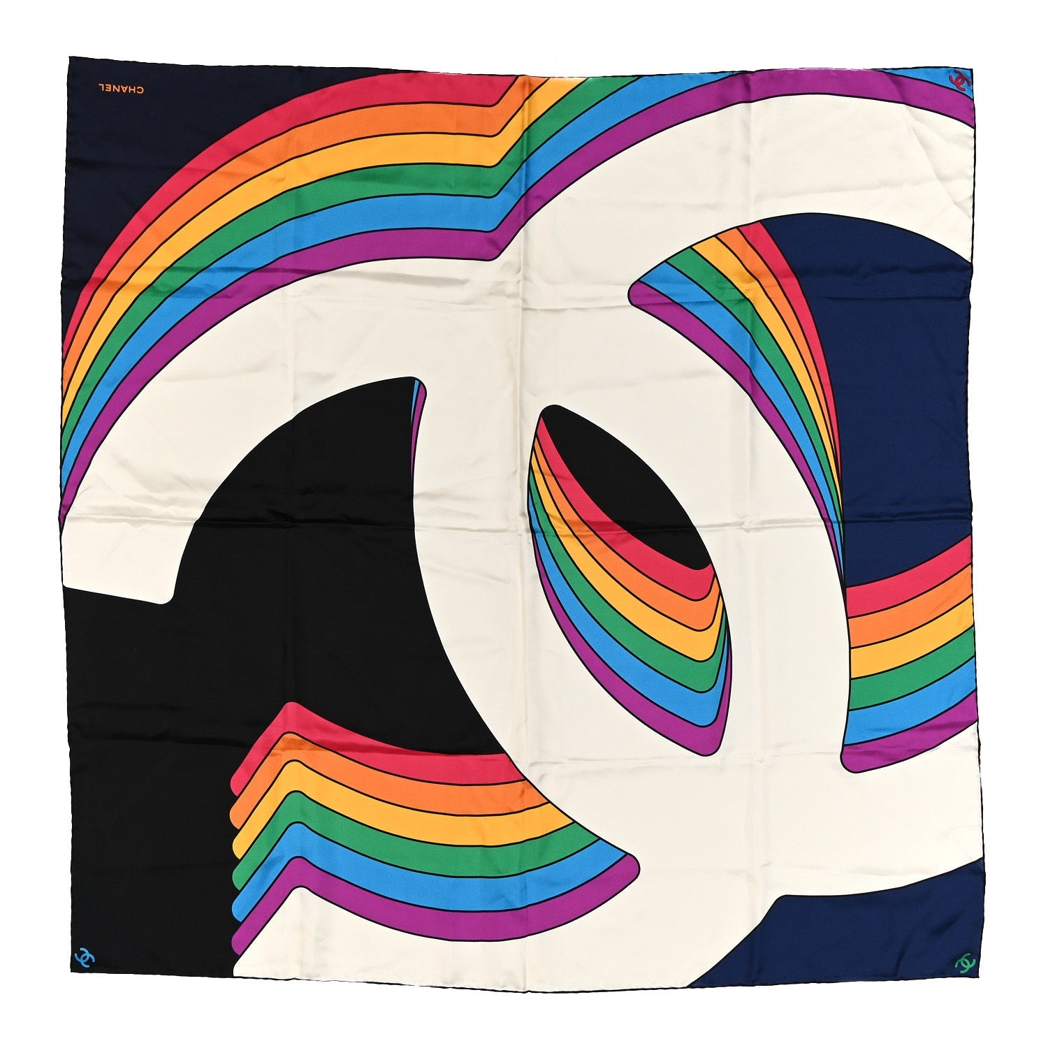 Silk CC Square Scarf Ecru Navy Blue Multicolor