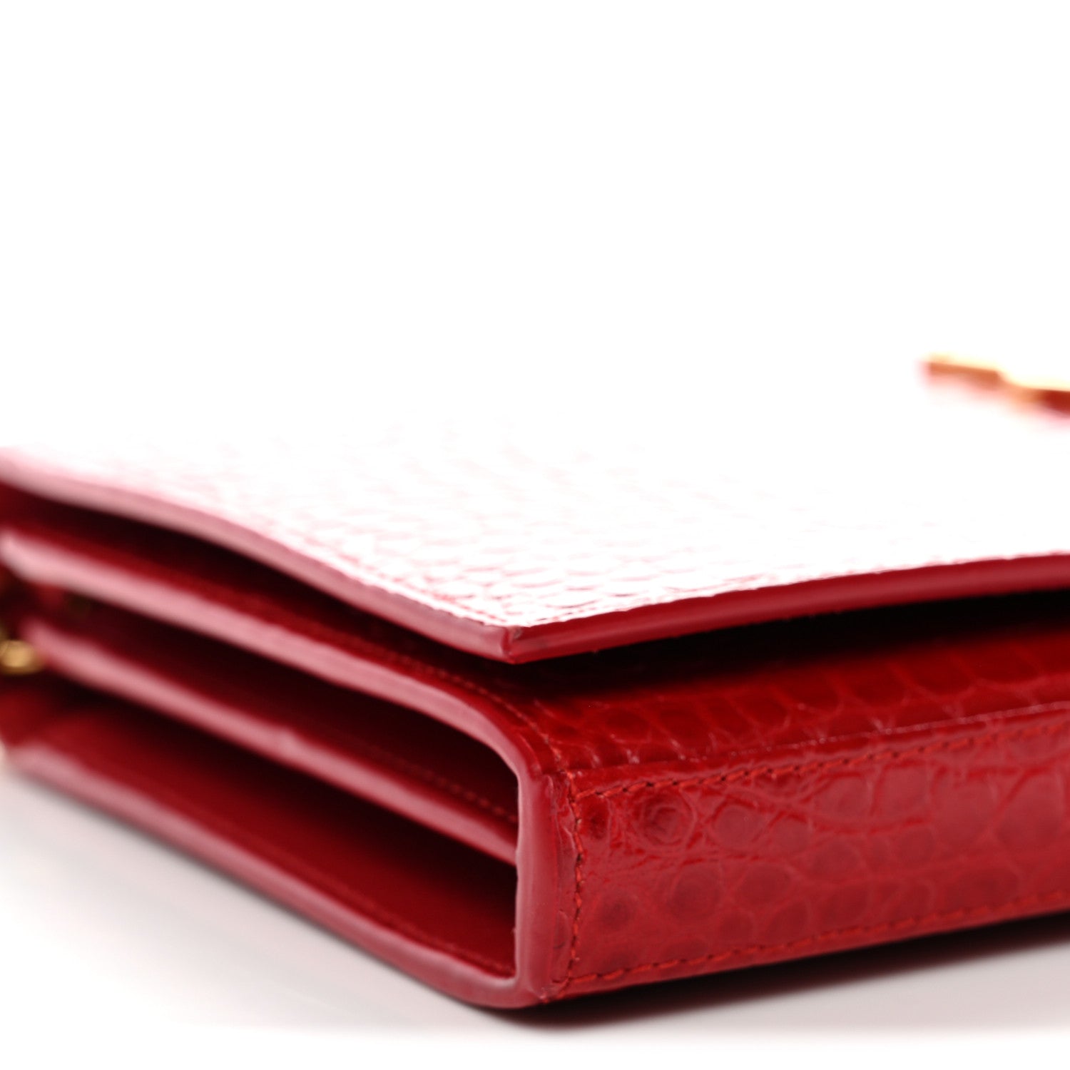 Calfskin Crocodile Embossed Monogram Chain Wallet New Lipstick Red