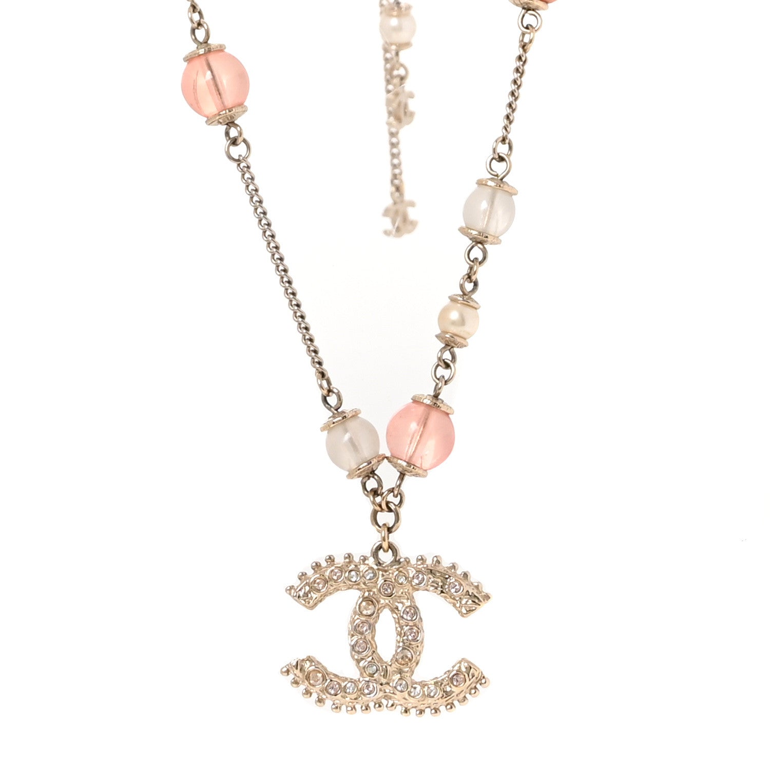 Beaded Pearl Crystal CC Long Necklace Gold Coral