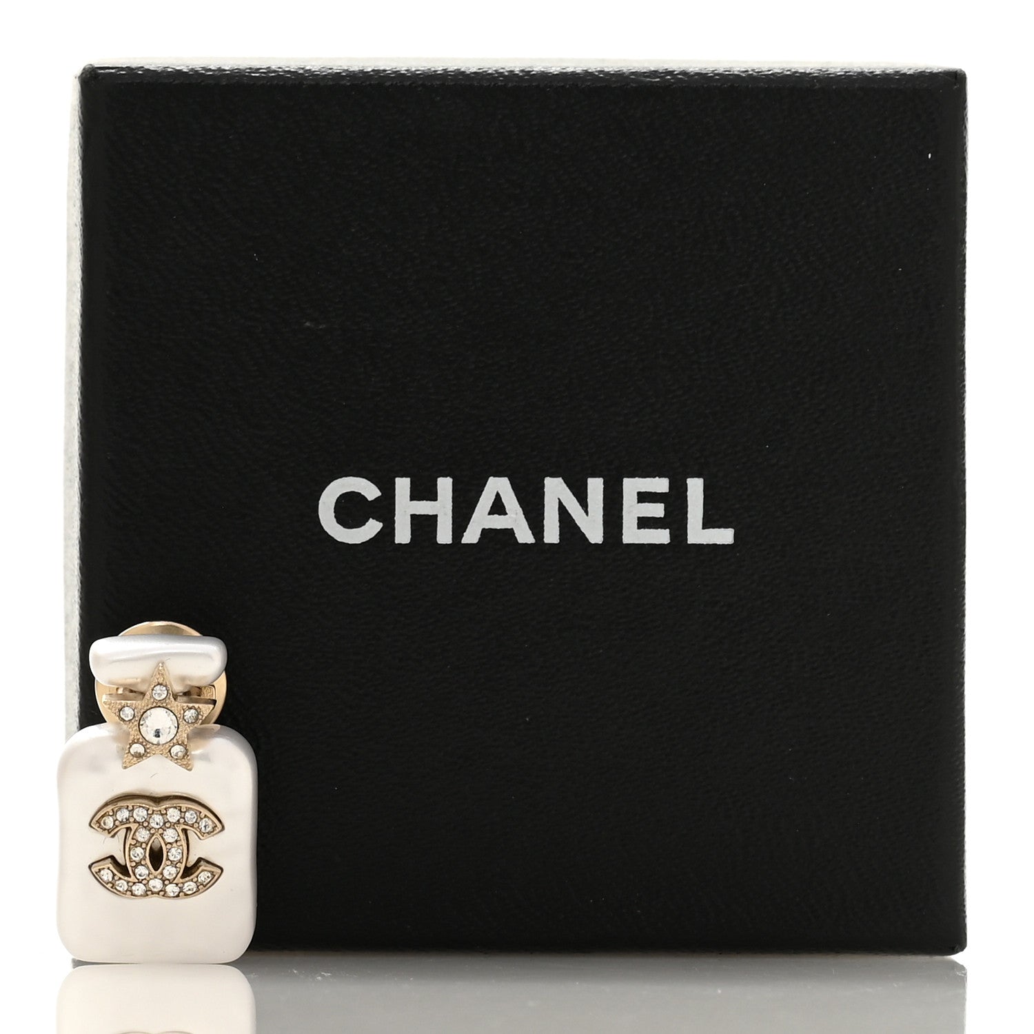 Pearl Resin Crystal CC Perfume Bottle Brooch Gold Pearly White