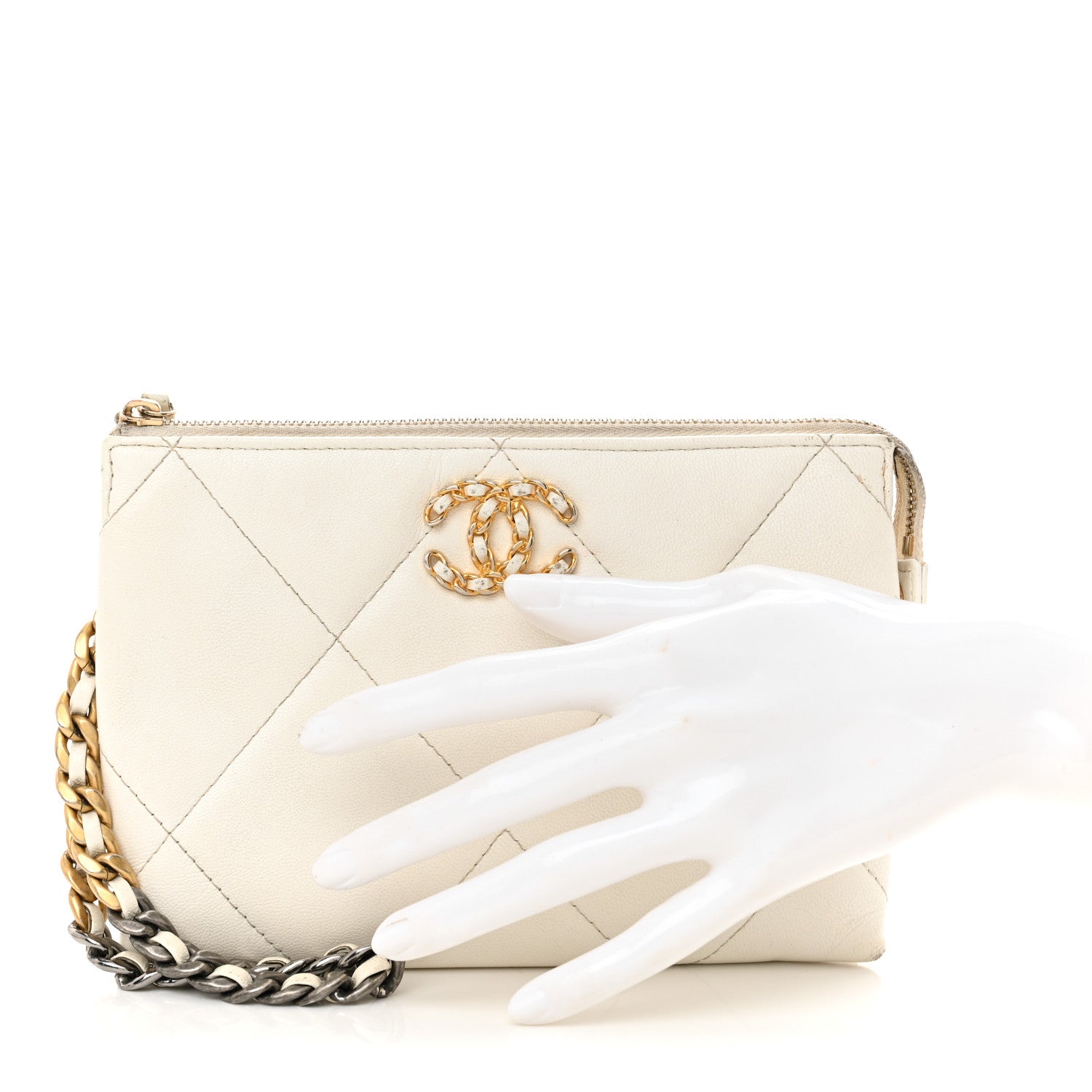 Shiny Goatskin Quilted Chanel 19 Small Pouch With Handle White