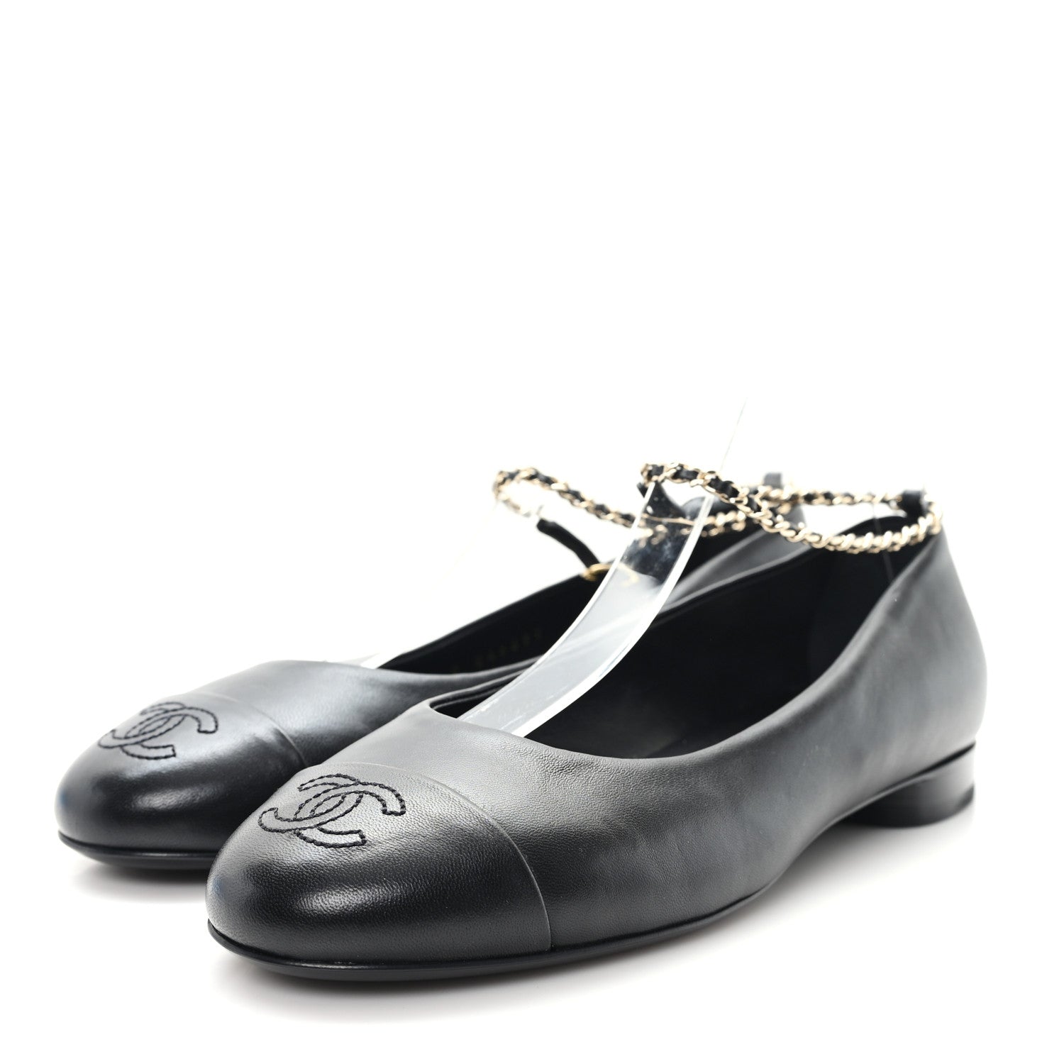 Lambskin Cap Toe CC Ankle Chain Ballerina Flats 36.5 Black