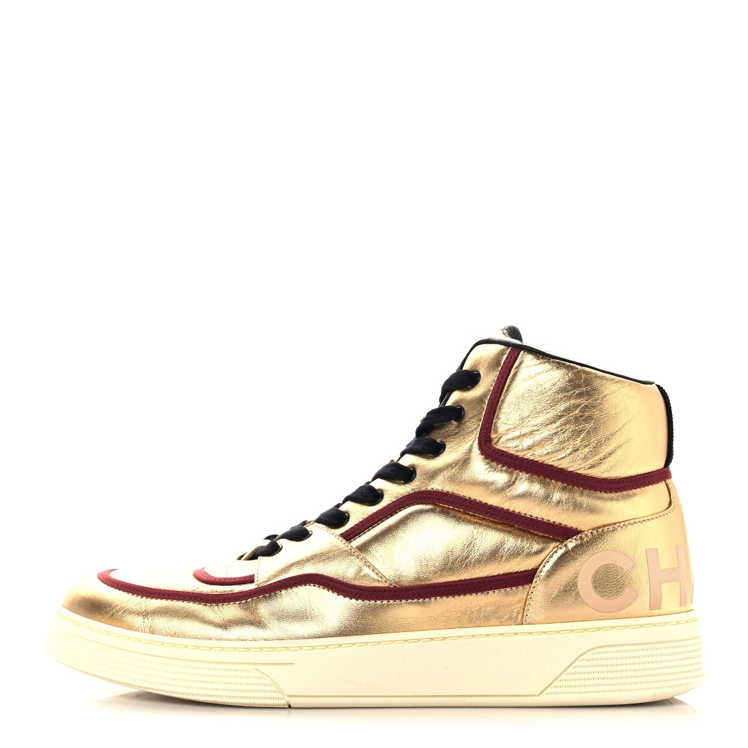 Metallic Satin Lambskin Mens Logo High Top Sneakers 45 Gold Burgundy