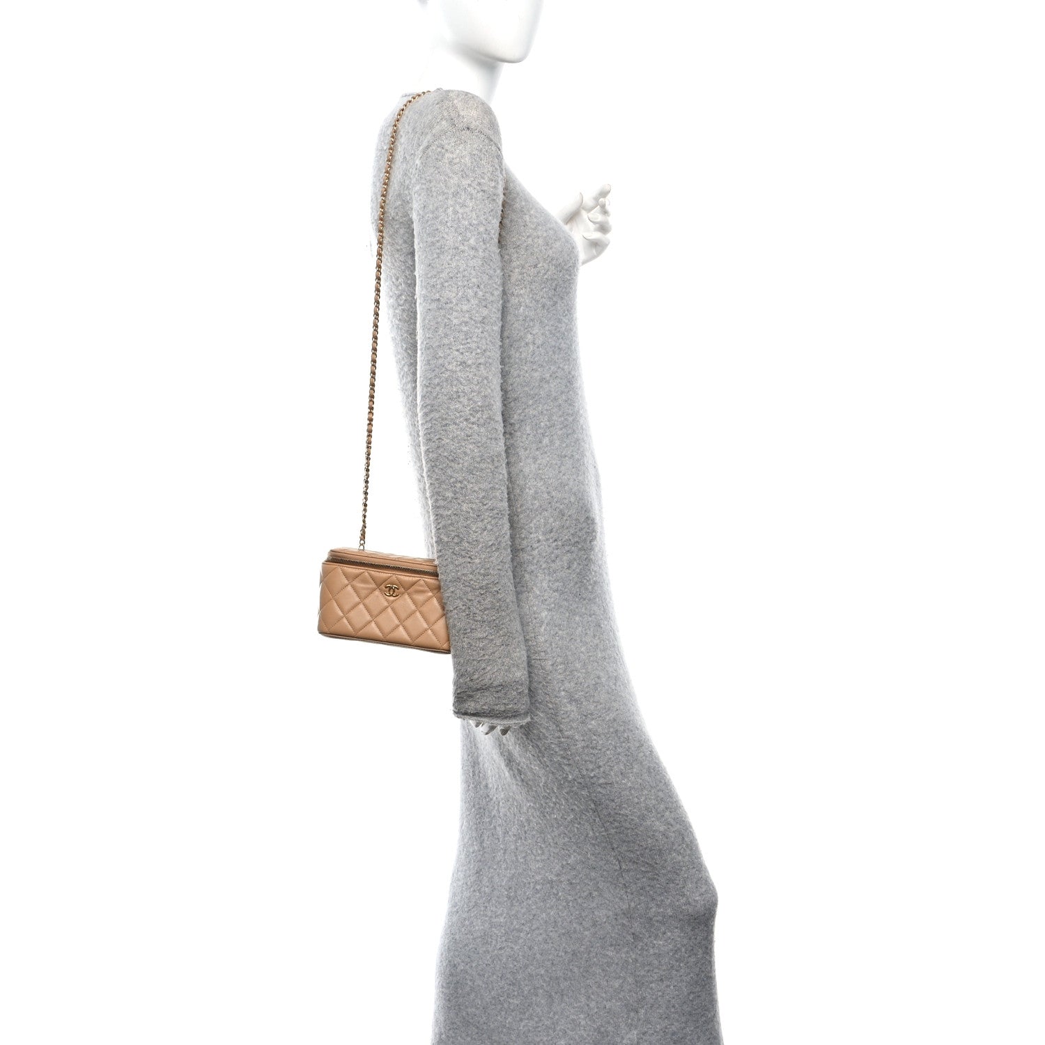 Lambskin Quilted Pearl Crush Small Vanity Case With Chain Beige
