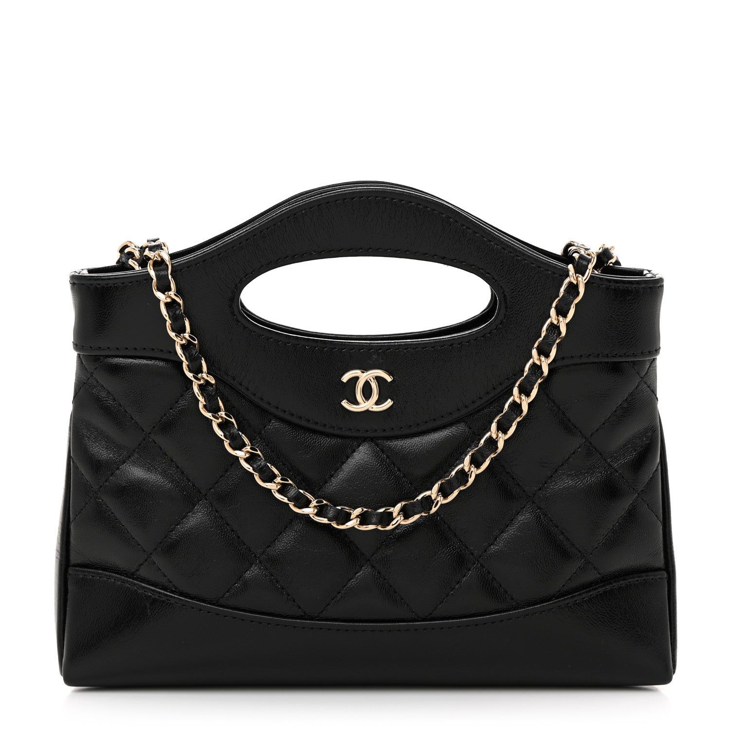 Shiny Crumpled Calfskin Quilted Nano 31 Shopping Bag Black