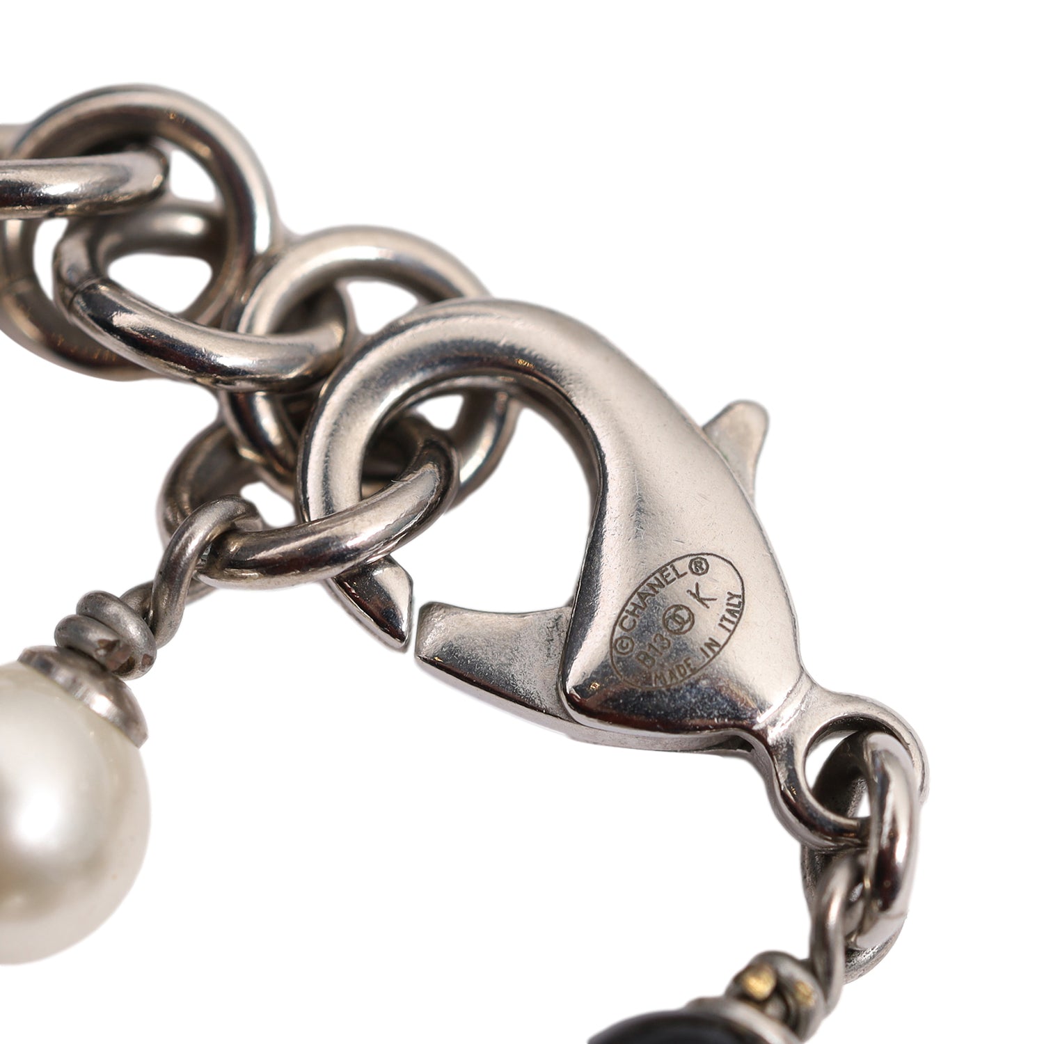 Faux Pearl Black Bead Multi Charm Silver Tone Bracelet