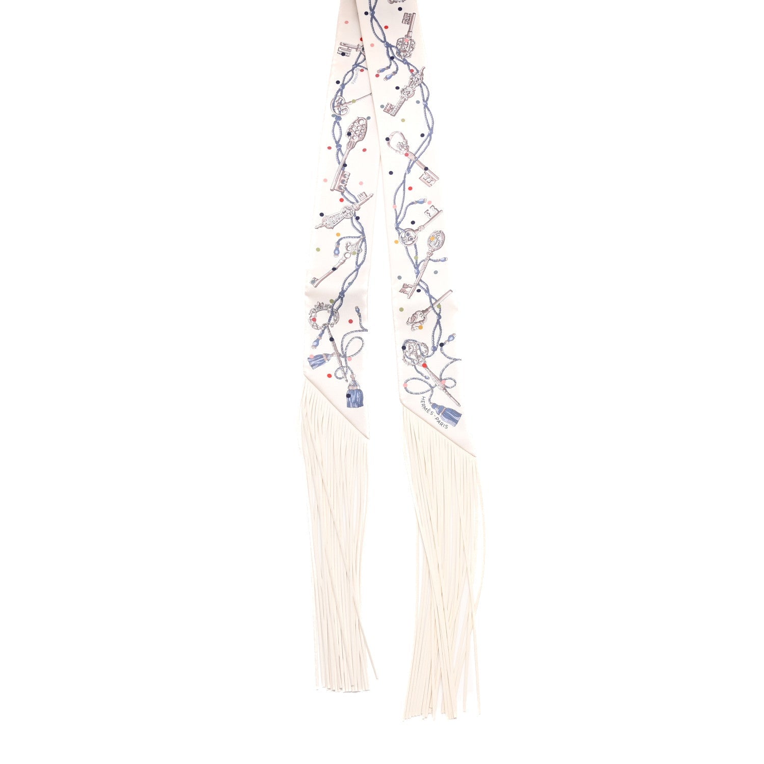 Silk Calfskin Les Cles A Pois Fringed Twilly Creme Gris Perle Multicolor