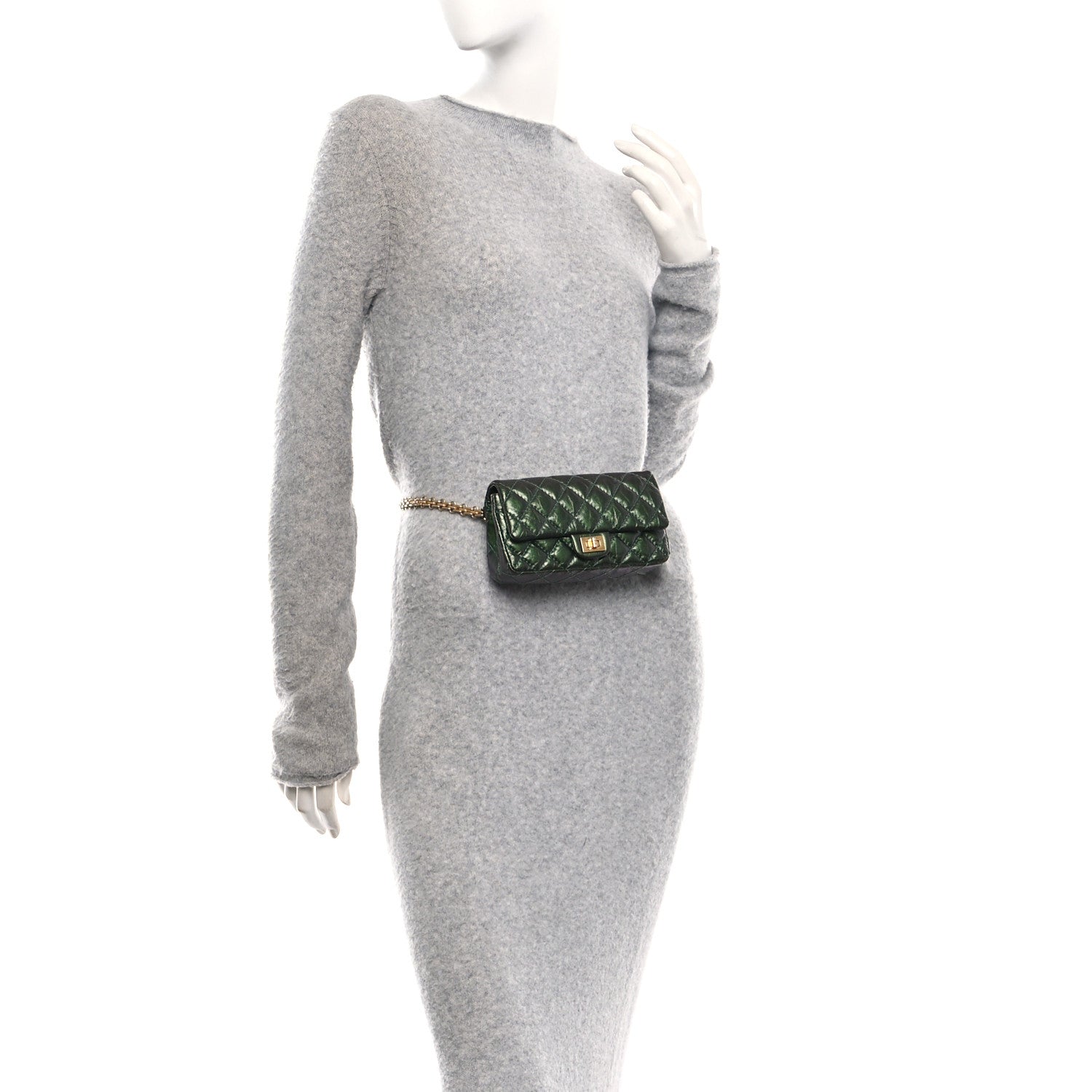 Metallic Aged Calfskin Quilted 2.55 Reissue Flap Belt Bag Clutch Green