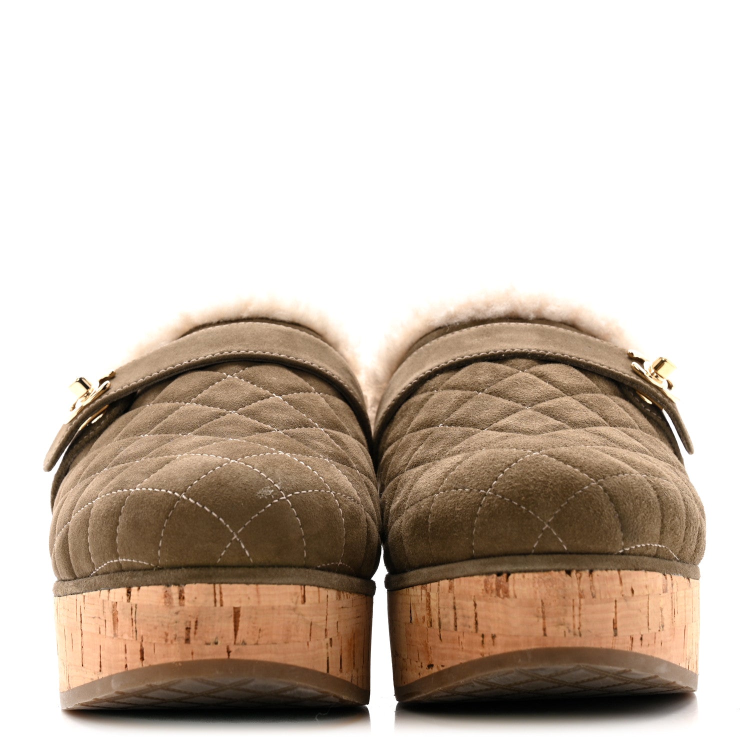 Suede Calfskin Shearling Turn Lock Clogs 38 Green