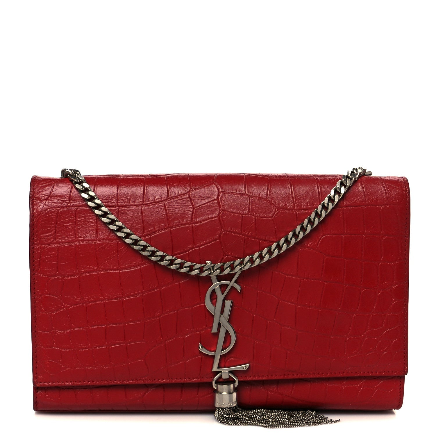 Calfskin Crocodile Embossed Medium Classic Monogram Kate Tassel Satchel New Red