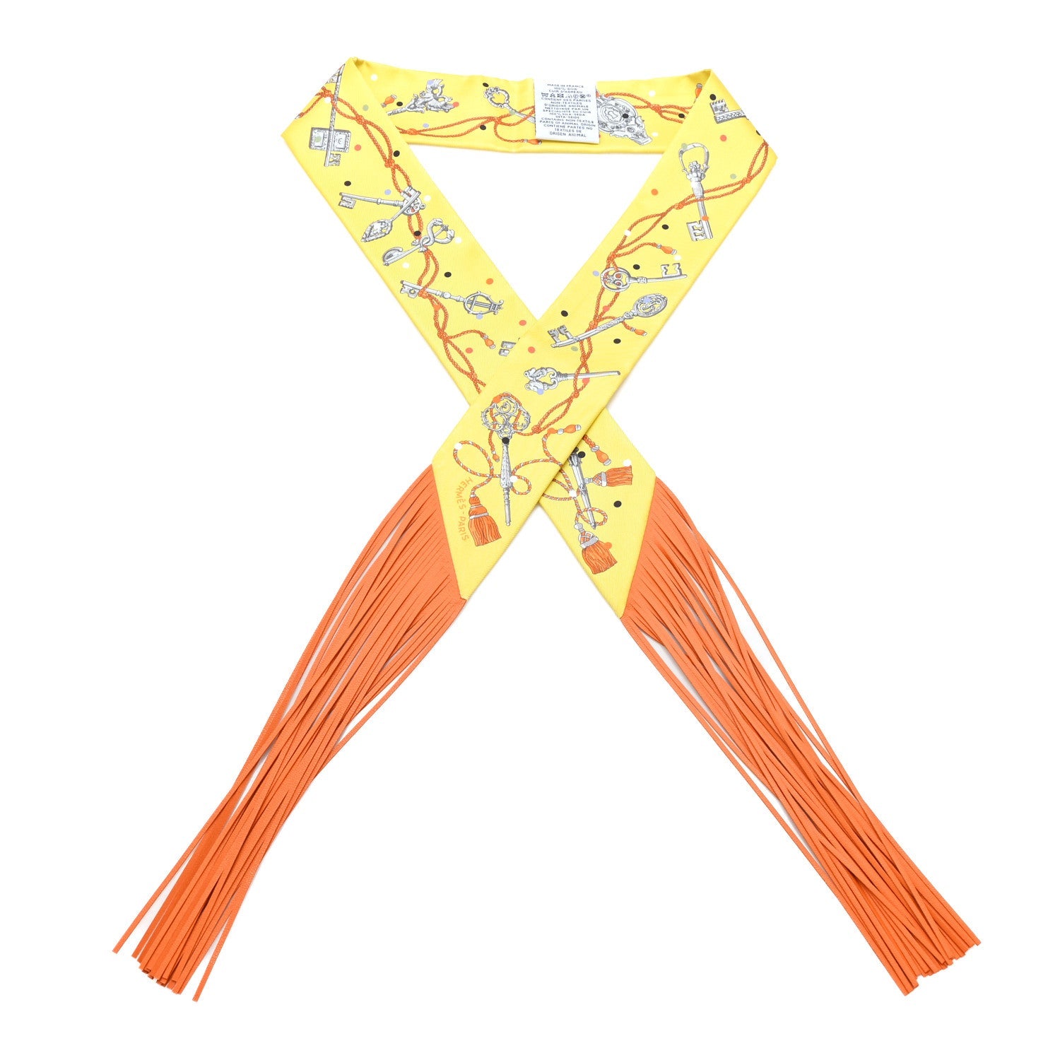Silk Calfskin Les Cles A Pois Fringed Twilly Jaune Argent Orange Vif