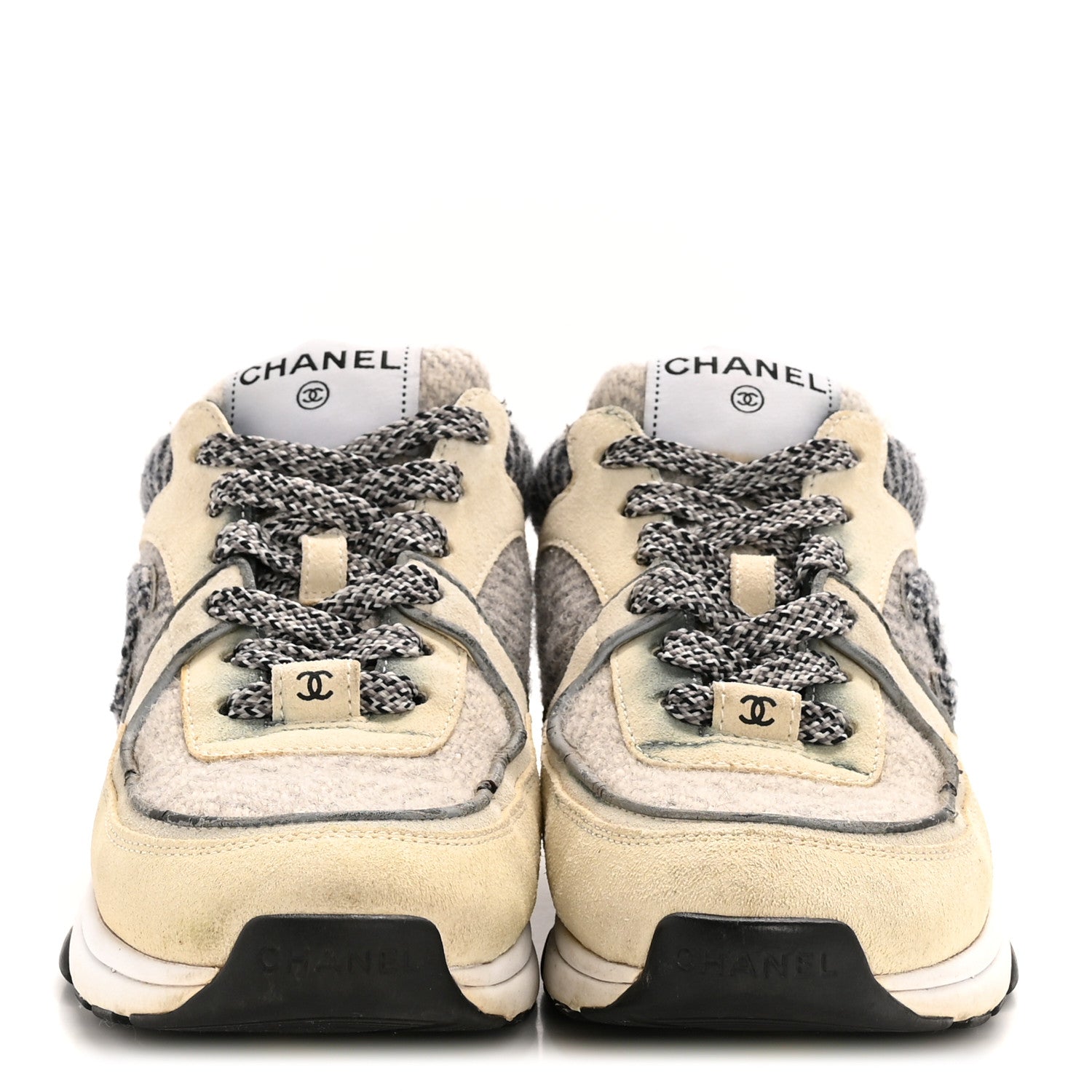 Fabric Suede Calfskin Womens CC Sneakers 37.5 Ivory Light Gray White