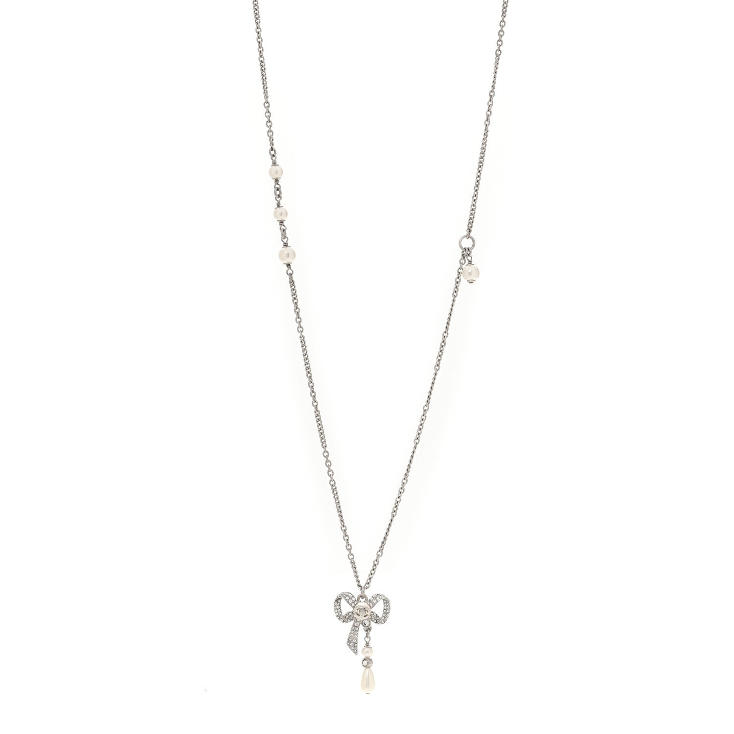 Crystal Pearl Bow CC Necklace Silver