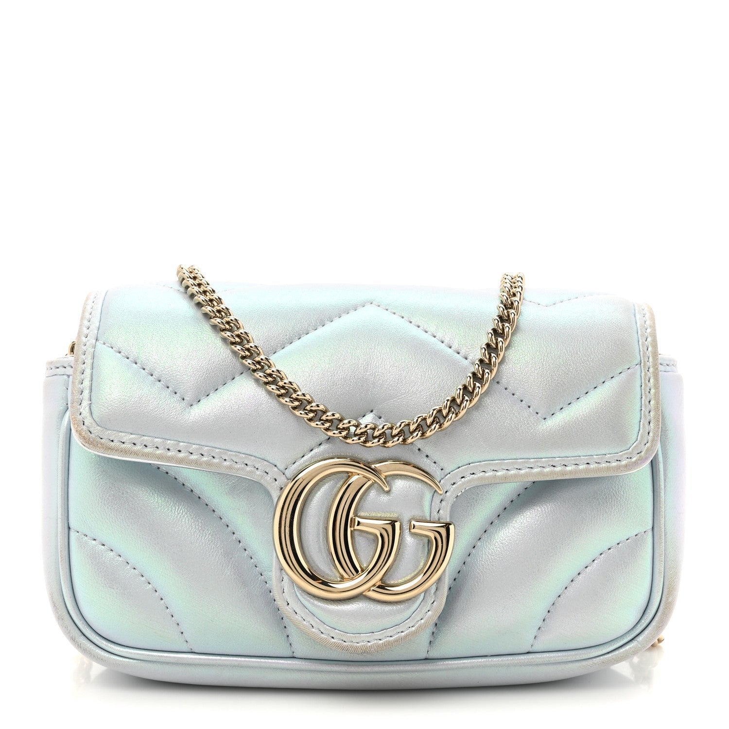 Iridescent Nappa Chevron Matelasse Super Mini GG Marmont Shoulder Bag Iridescent Snow Light Blue