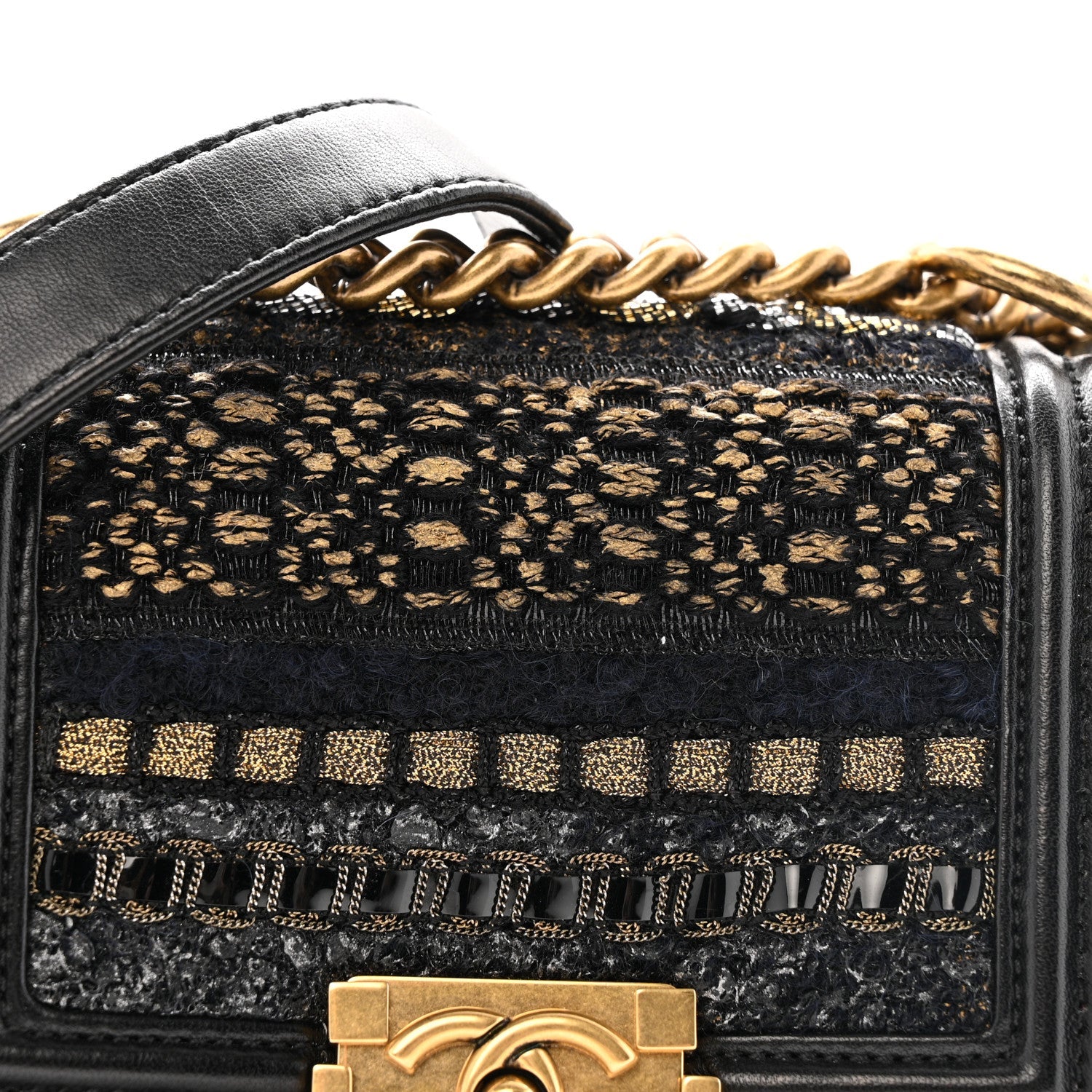Lambskin Metallic Tweed Embroidered Mini Boy Flap Black Gold Multicolor