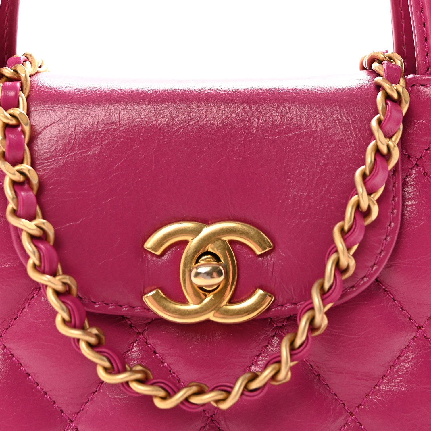 Shiny Aged Calfskin Quilted Nano Kelly Shopper Dark Pink