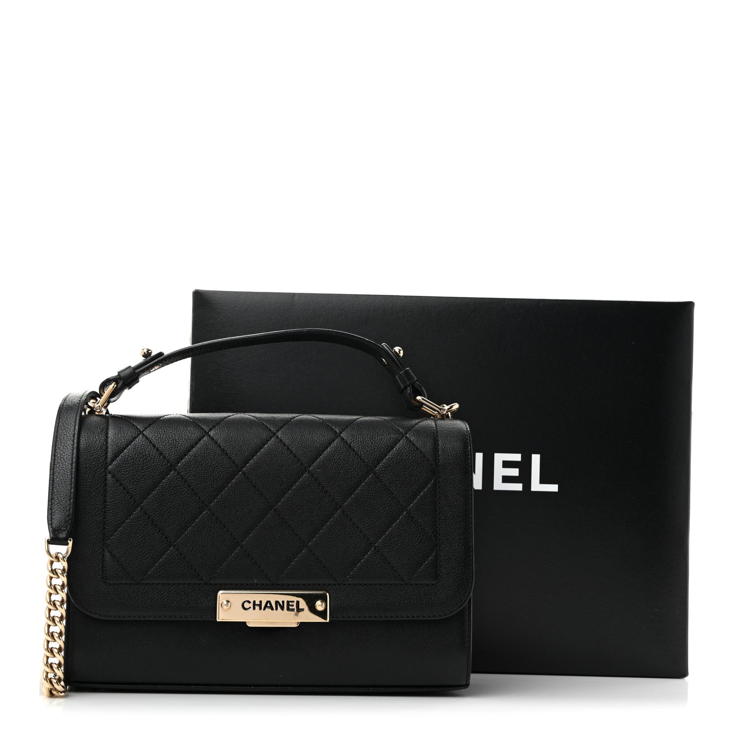 Grained Calfskin Quilted Medium Label Click Flap Bag Black