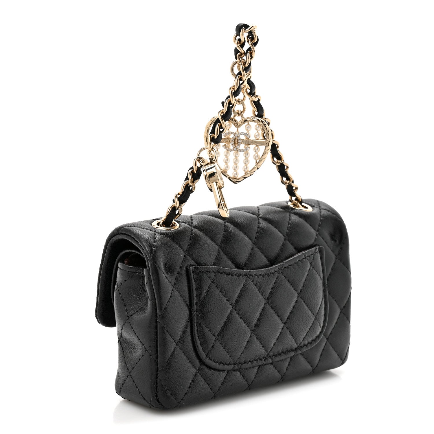 Lambskin Quilted Mini Flap Bag Charm With Hook Black