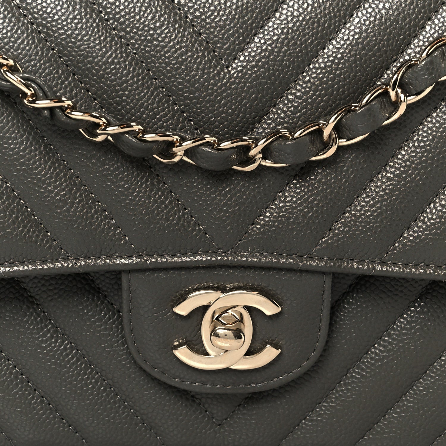Caviar Chevron Quilted Medium Double Flap Dark Grey