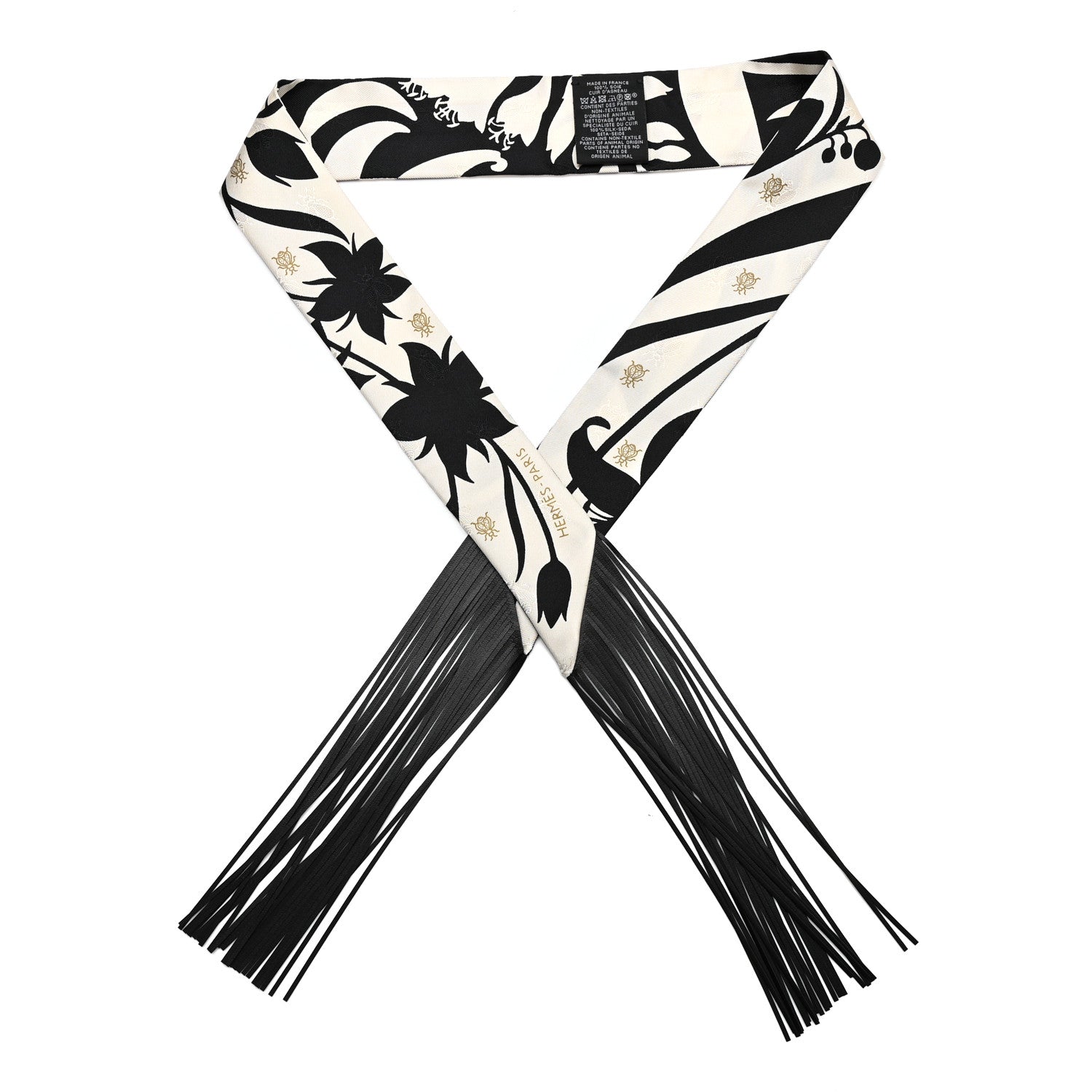 Silk Calfskin Bouquet Final Fringed Twilly Creme Black