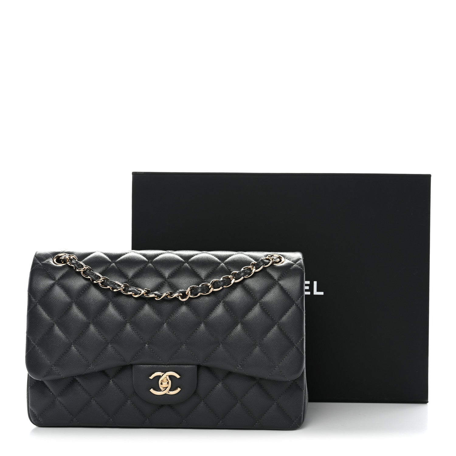 Caviar Quilted Jumbo Double Flap Dark Grey