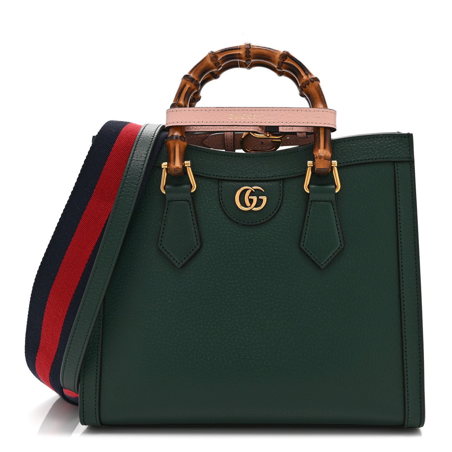 Textured Dollar Calfskin Web Small Diana Tote Bag Vintage Green Powder Pink