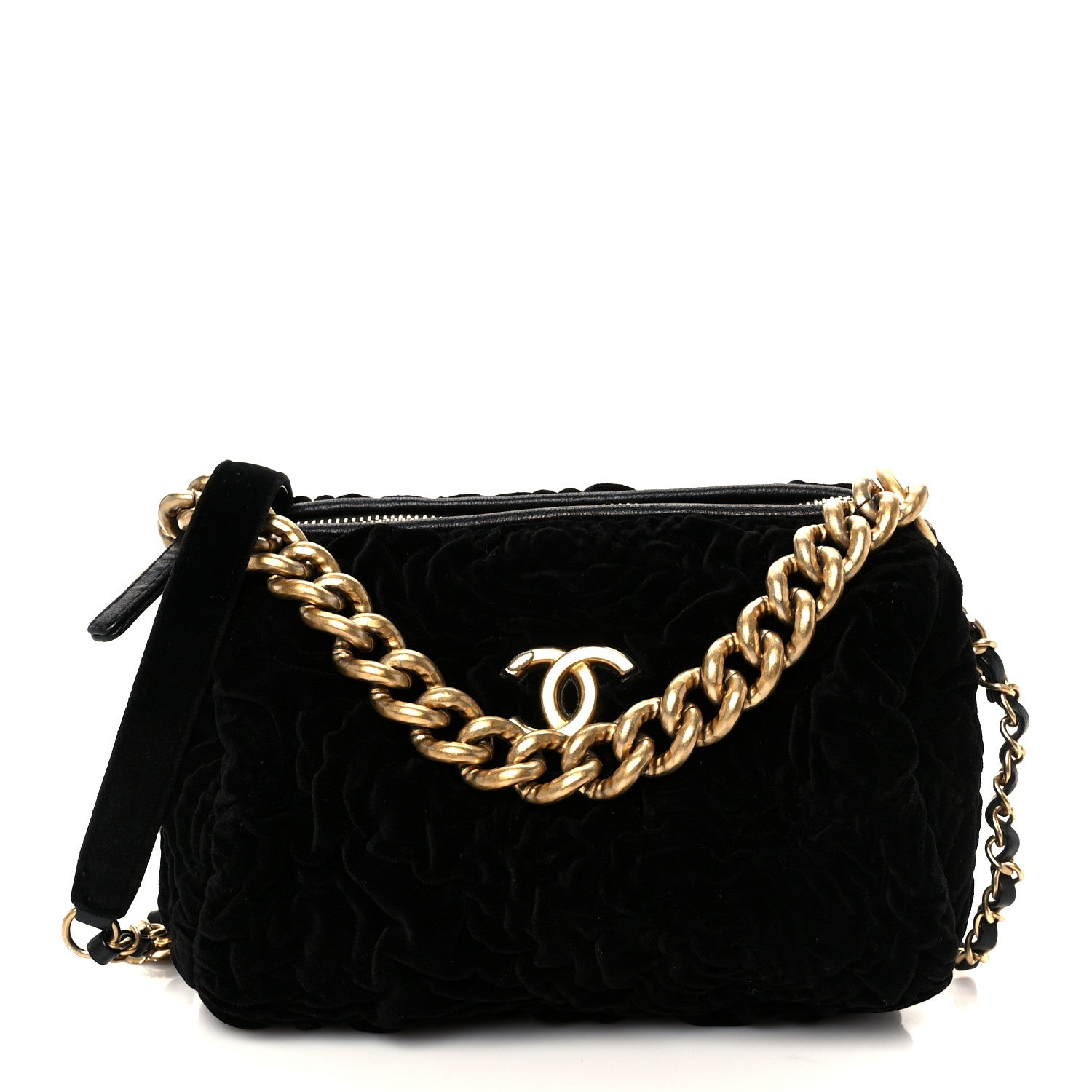 Velvet Camellia Embossed Barrel Clutch With Chain  Black