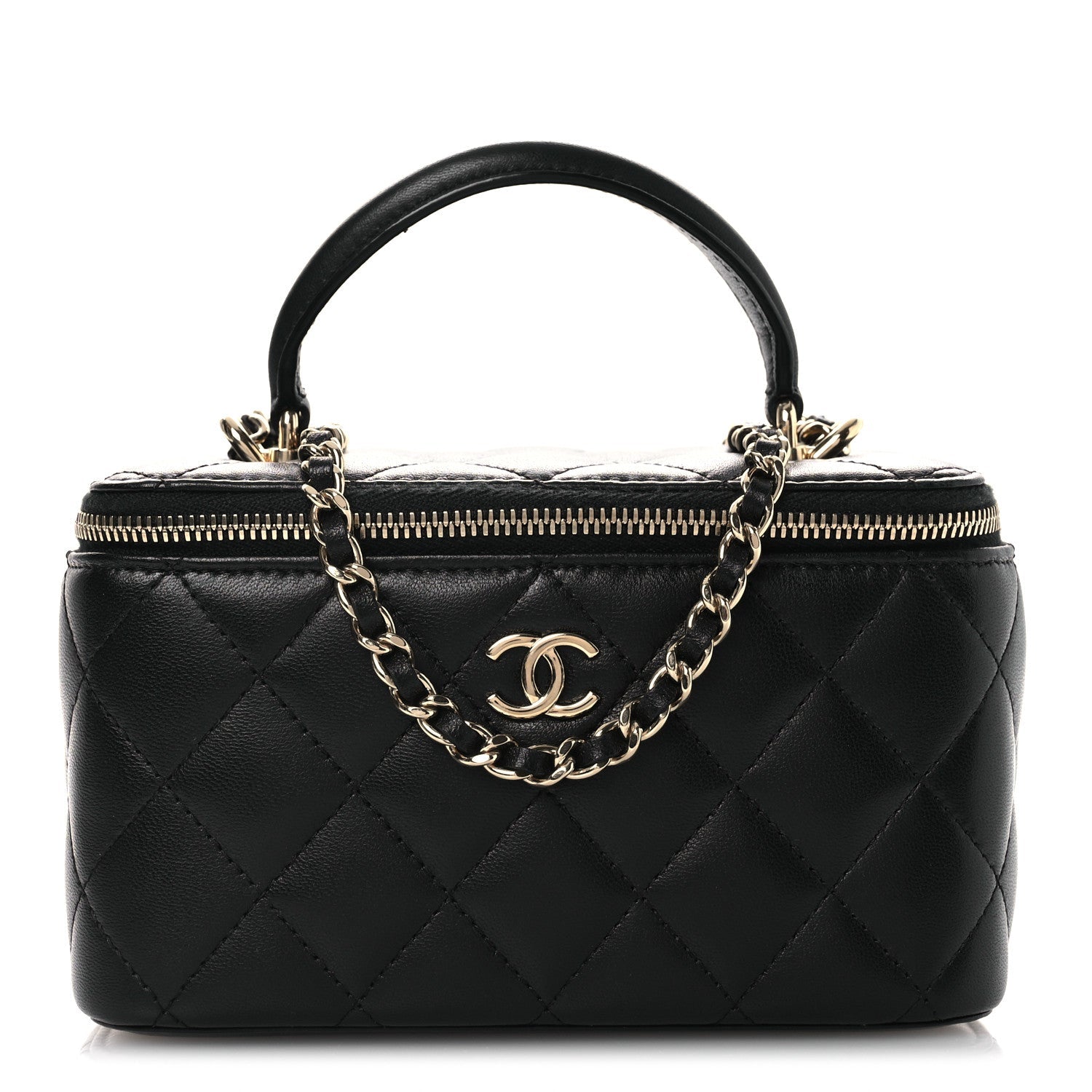 Lambskin Quilted Small Top Handle Vanity Case With Chain Black