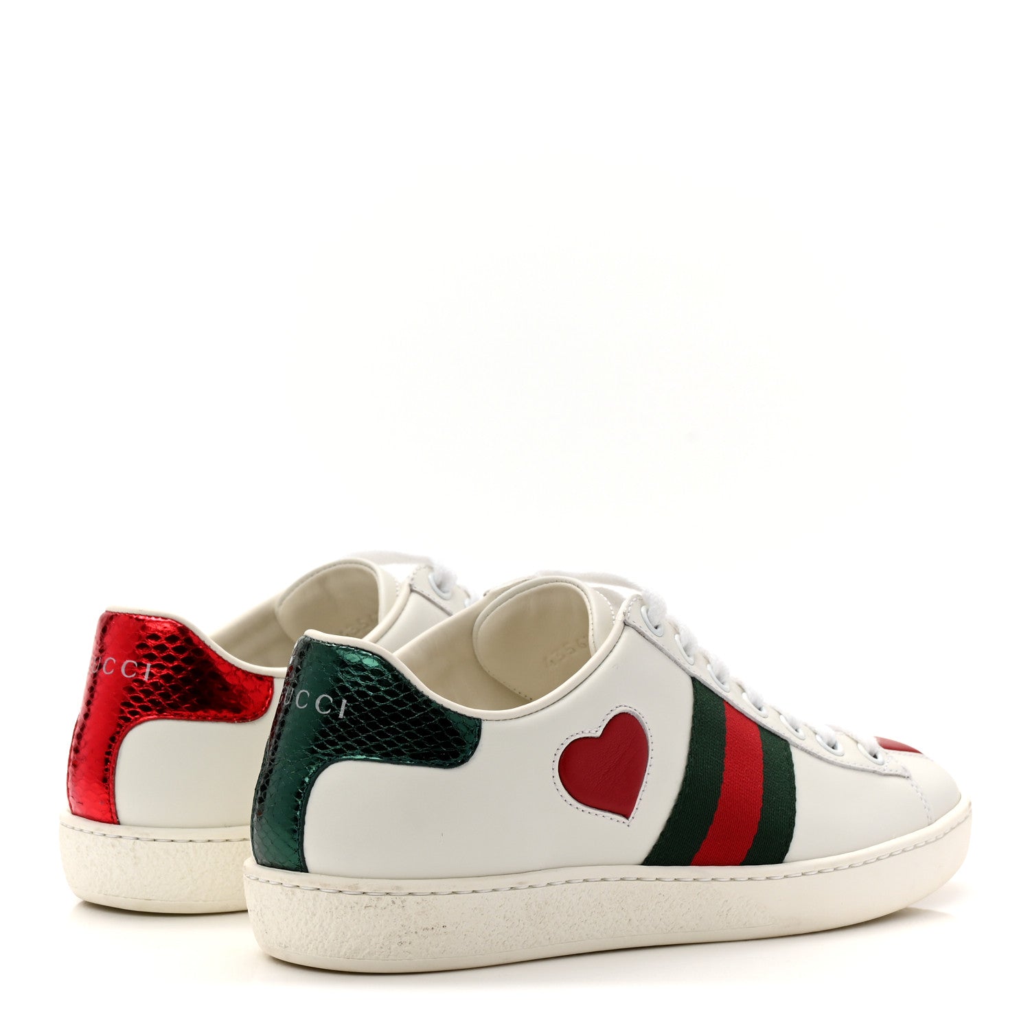 Calfskin Web Heart Embroidered Womens Ace Sneakers 35 White