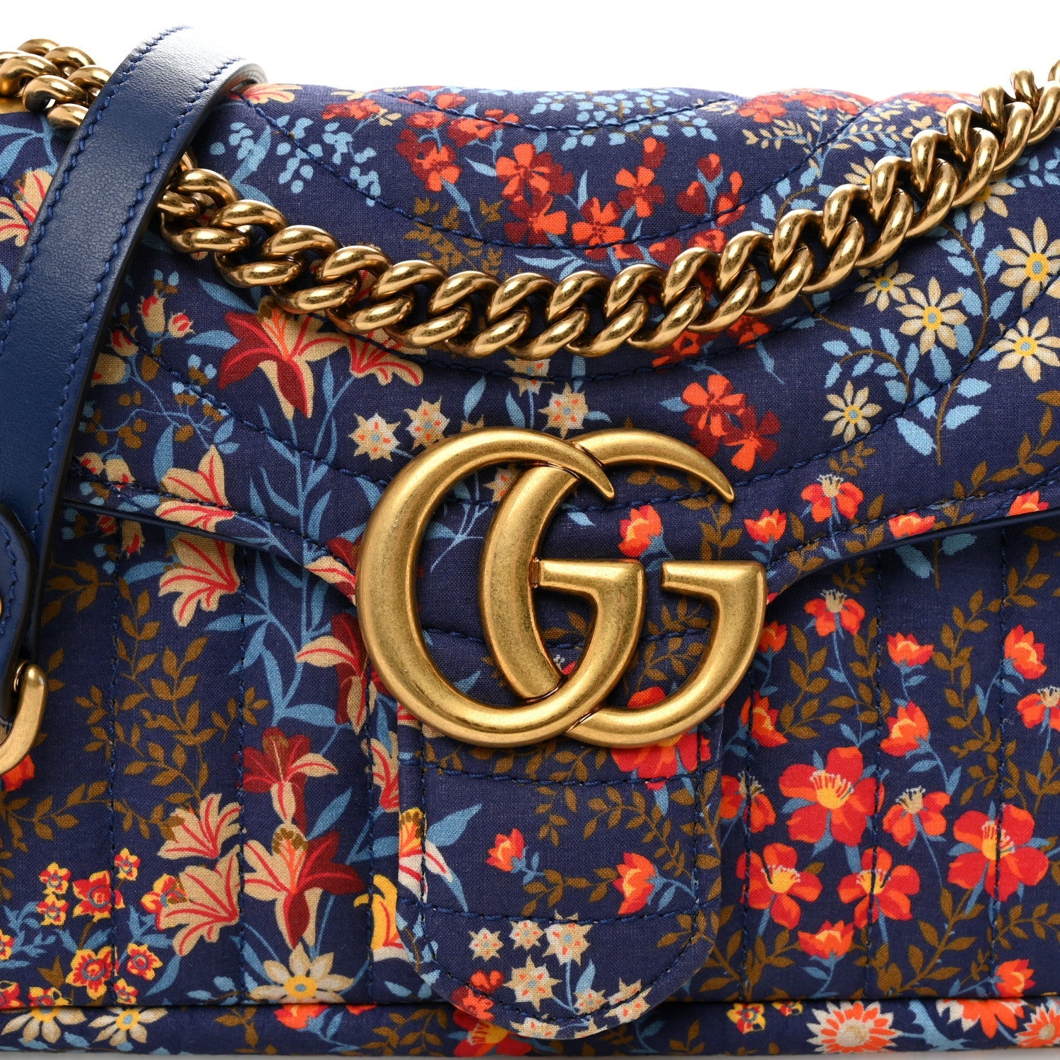 Cotton Calfskin Matelasse Floral Print Small GG Marmont Shoulder Bag Blue Red Deep Ocean Blue