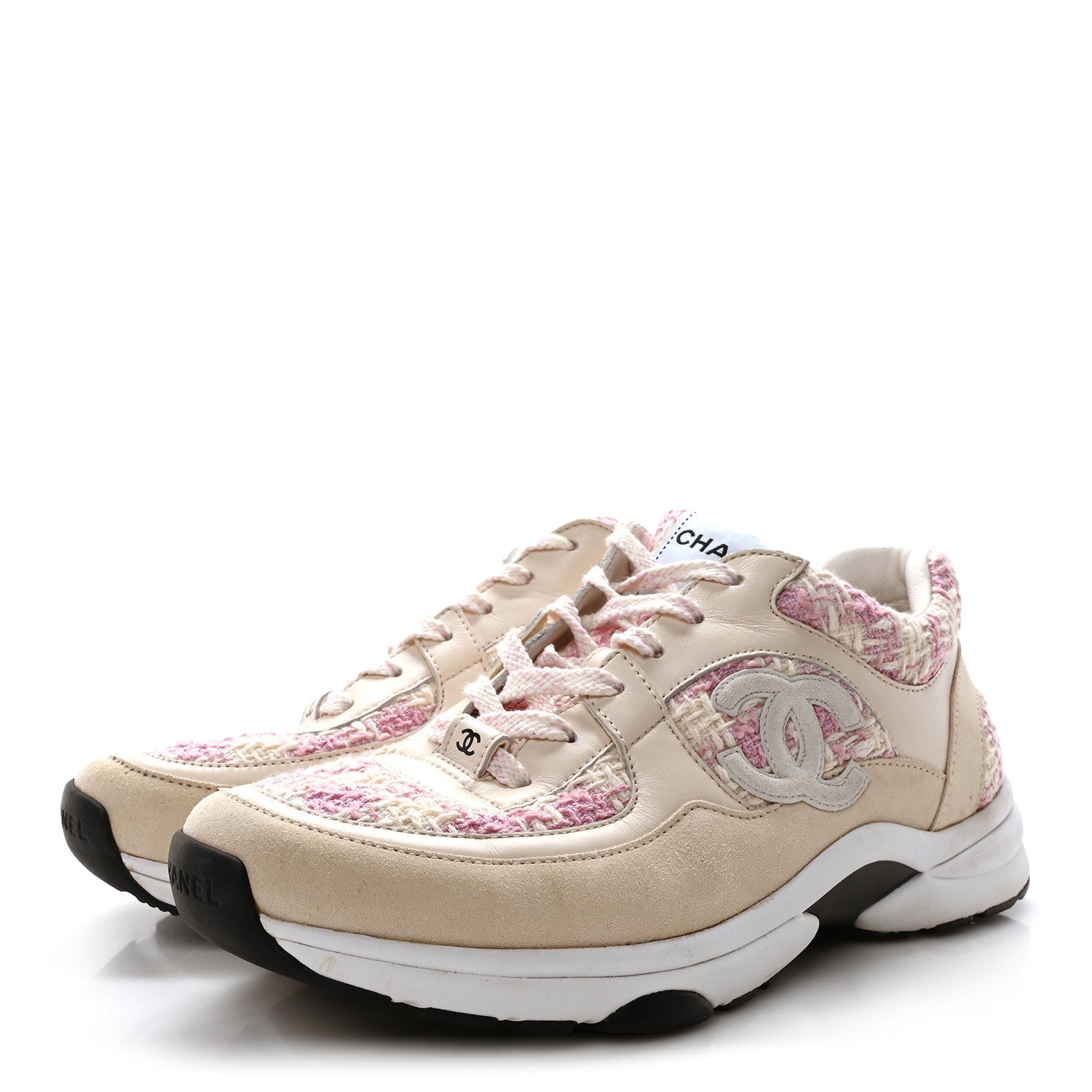Tweed Suede Calfskin Womens CC Sneakers 39 Pink Ecru