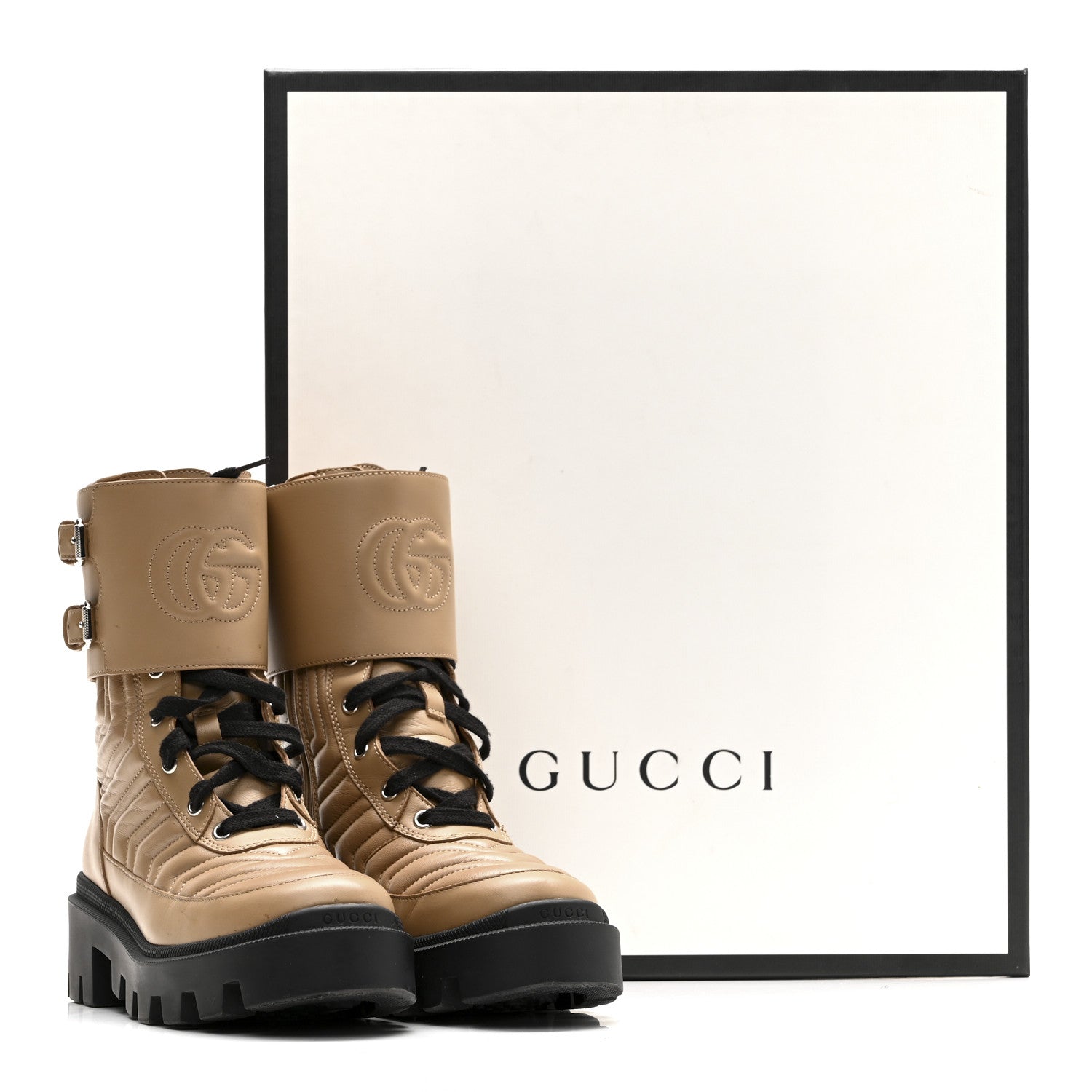 Nappa Frances GG Matelasse Platform Combat Boots 35 Natural Tan