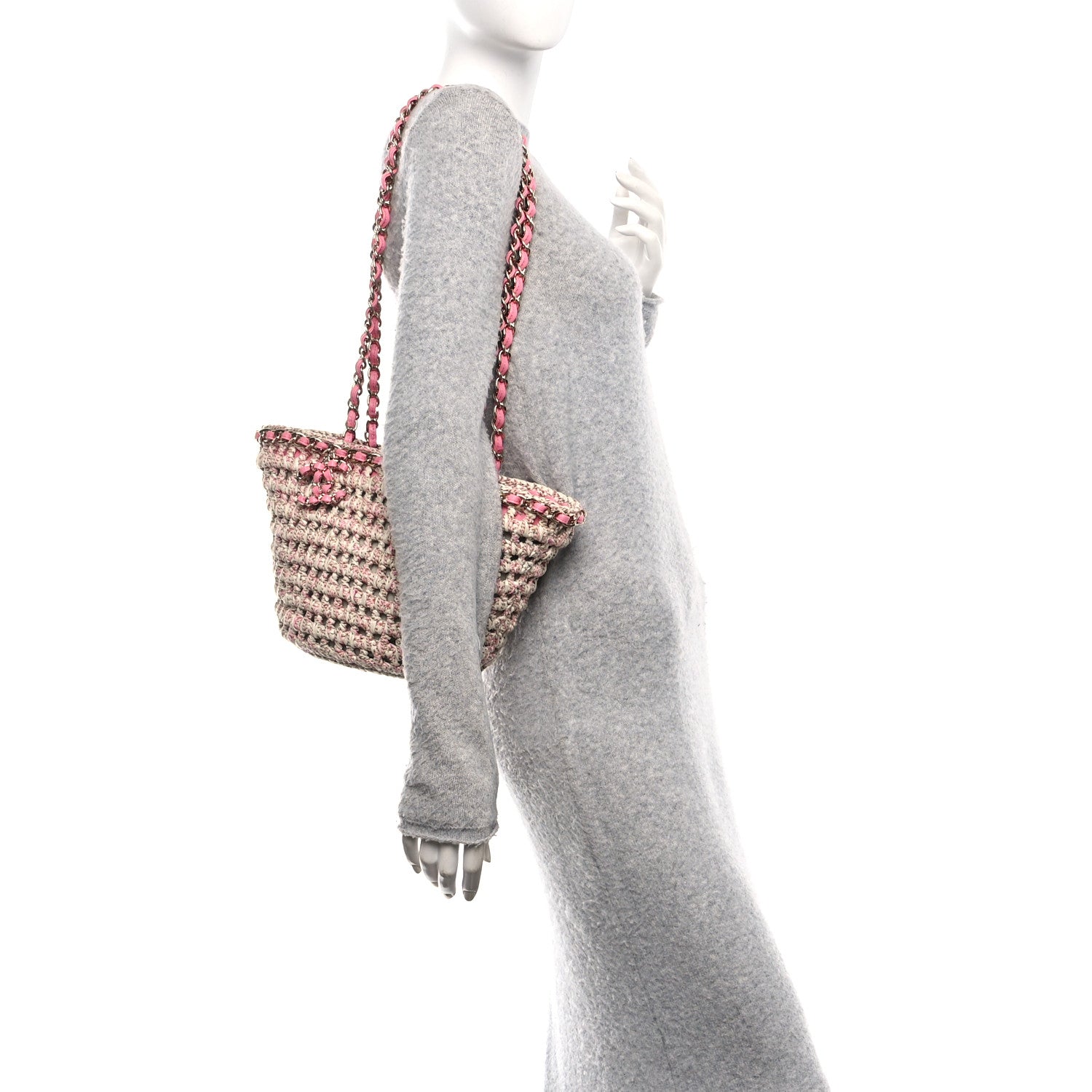 Mixed Fibers Calfskin Crochet Small Shopping Bag Beige Pink