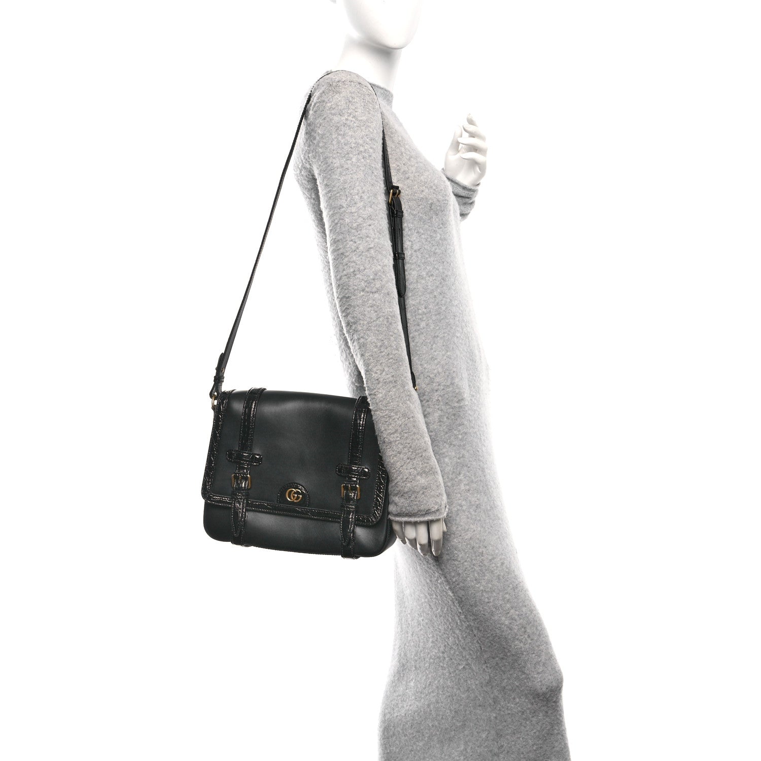 Calfskin Crocodile GG Double Buckle Medium Messenger Bag Black